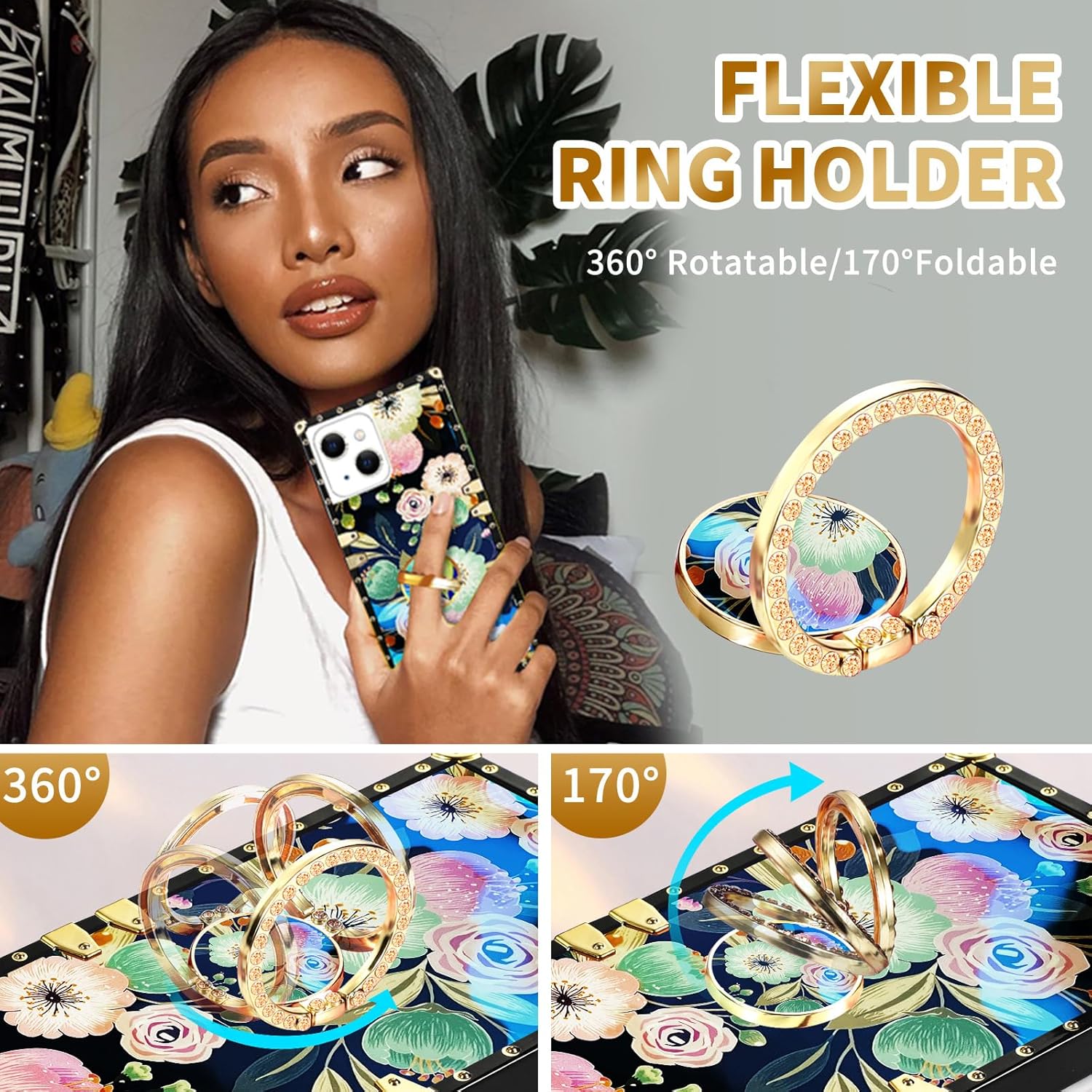 Loheckle Funda para iPhone 15 para iPhone 15 para mujeres y adolescentes, diseño cuadrado a la moda, lindas fundas con soporte de anillo y cordón,