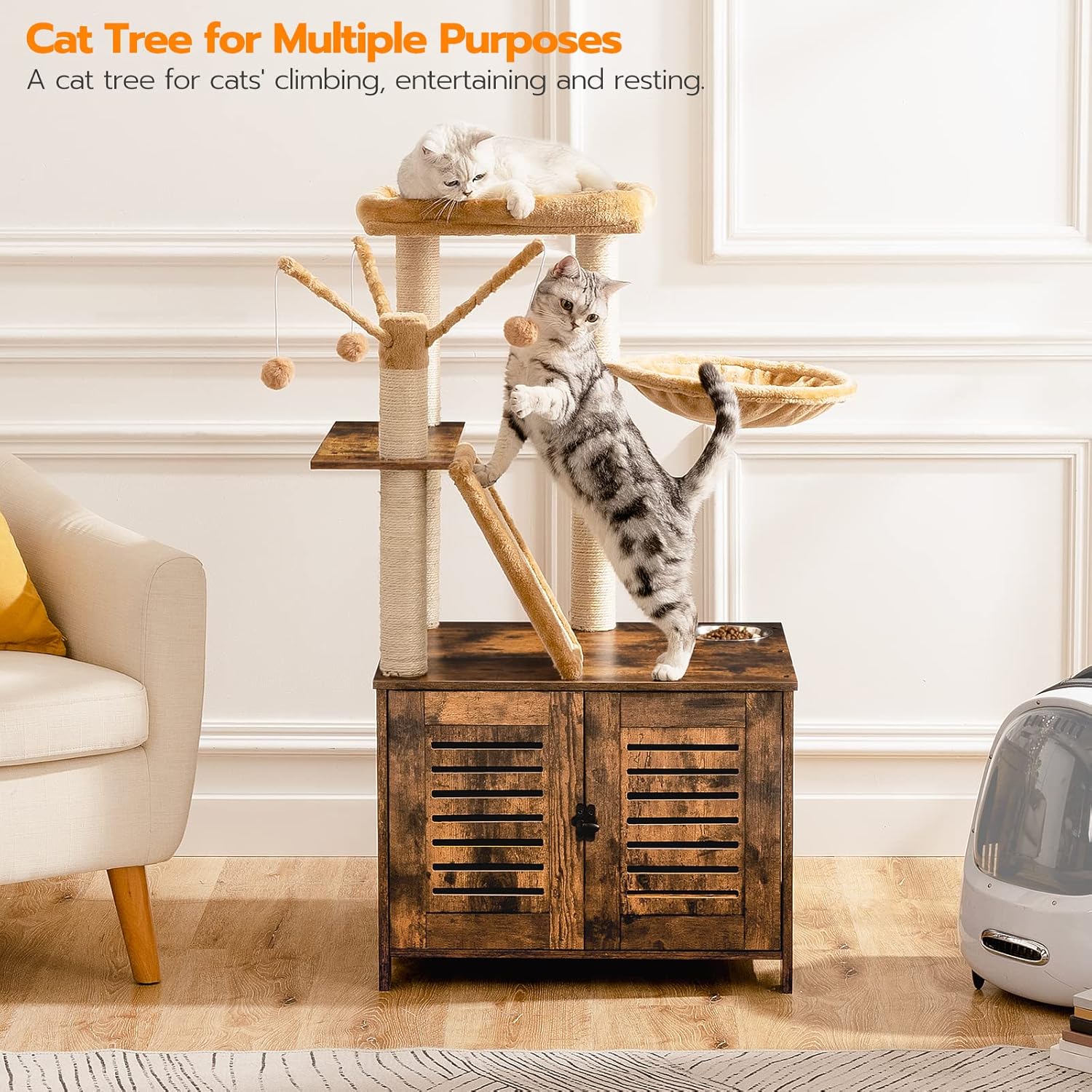 Árbol para gatos con caja de arena, torre de madera para gatos de 44 pulgadas de alto con postes rascadores, hamaca para gatos, muebles de caja de