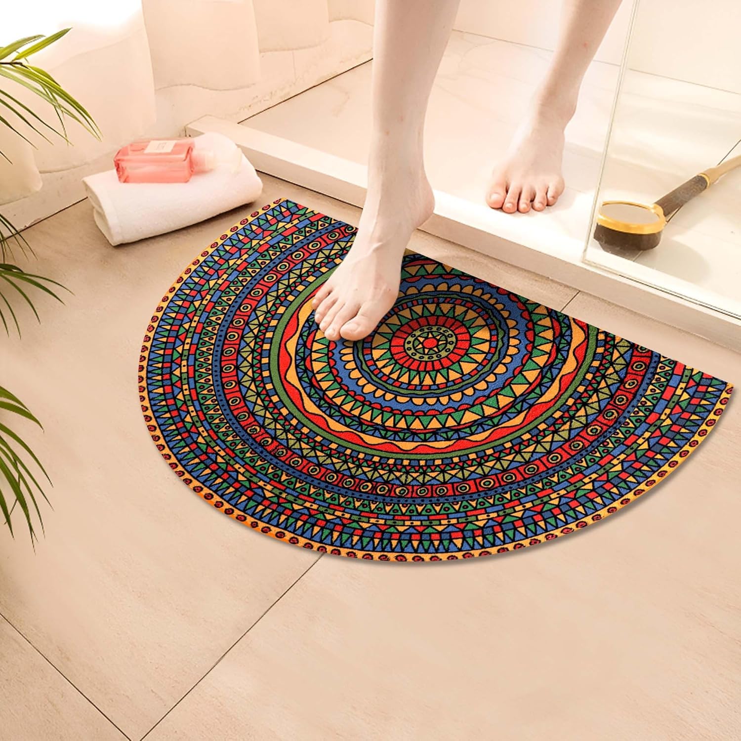 Alfombra de baño de medio círculo con mandala bohemia, tapete de baño de imitación de cachemira para baño, antideslizante, de 20 x 30 pulgadas,