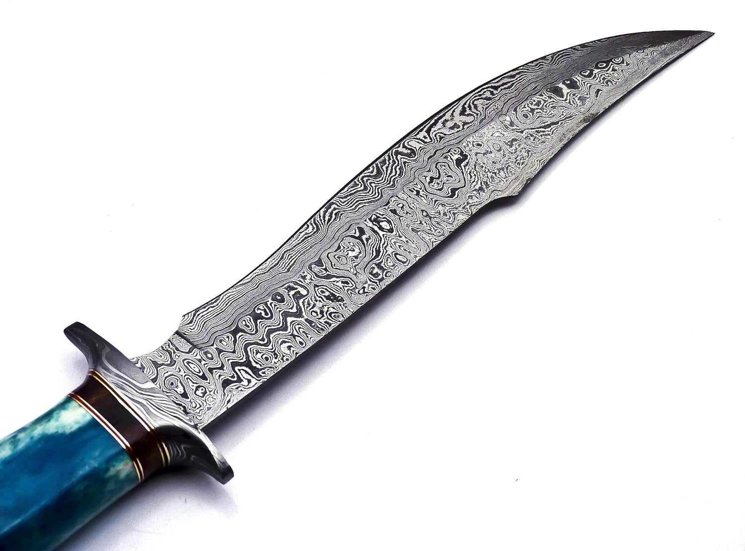 BK-41 – Cuchillo Bowie de acero de Damasco hecho a mano de 15 pulgadas, madera de Marindi maciza y mango de hueso de cuerno de toro con funda de