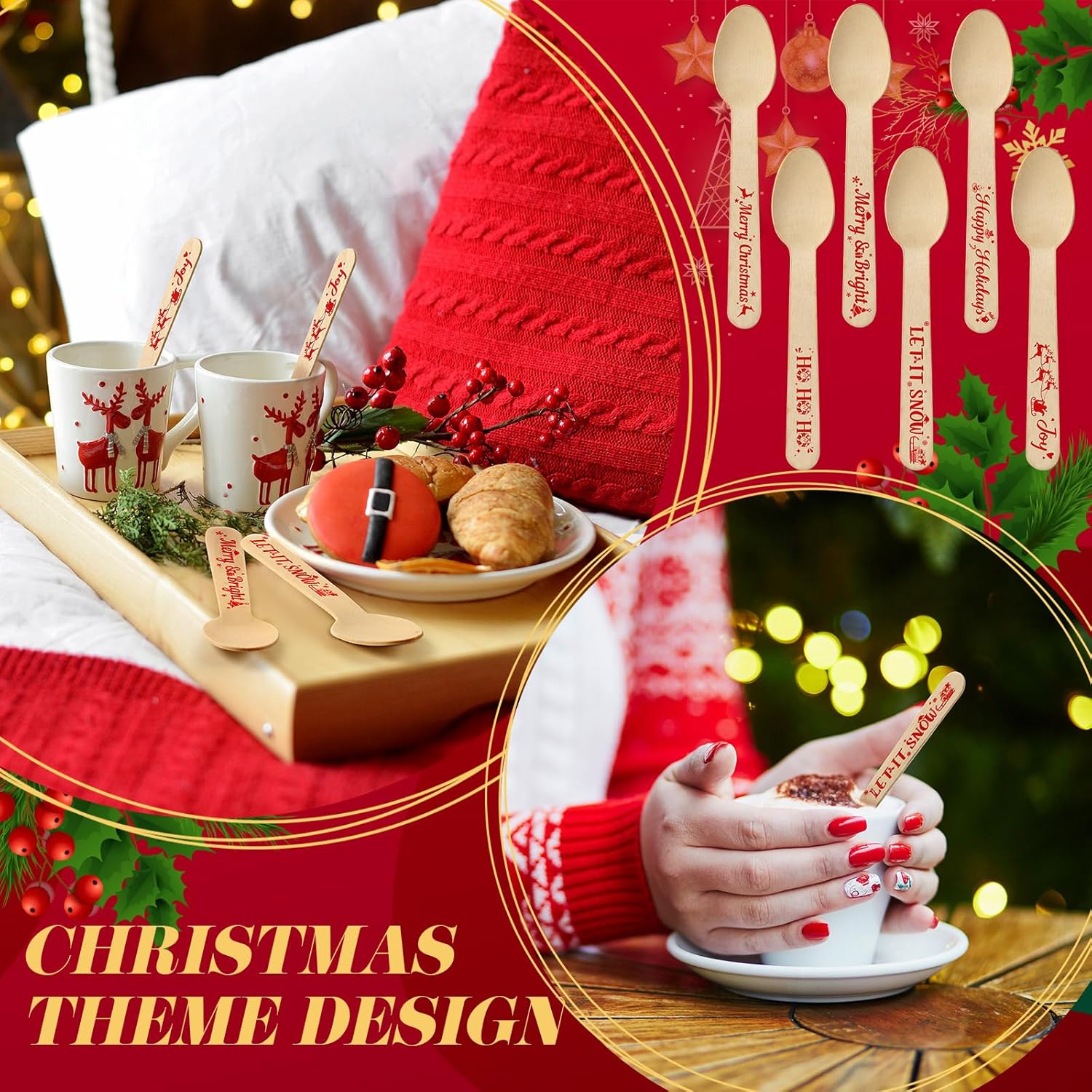 300 cucharas de madera de Navidad para chocolate caliente, cucharas desechables de cacao caliente, diseño de bastón de caramelo, cucharas de