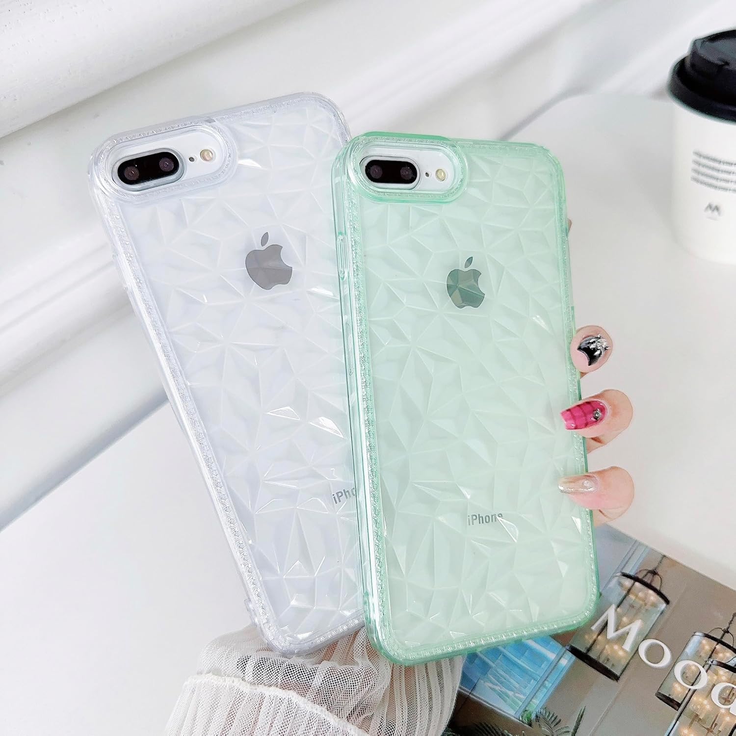 SKYLMW Funda para iPhone 6 Plus, iPhone 7 Plus, iPhone 8 Plus, 5.5 pulgadas, TPU suave, delgada, 3D, transparente, patrón de diamante, funda para