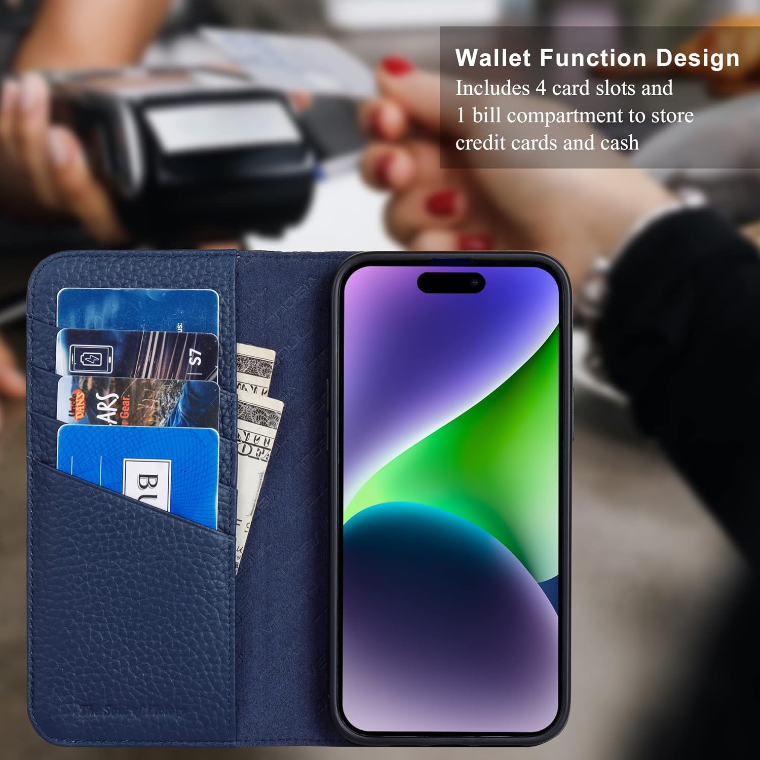 VISOUL Pebbled – Funda de piel auténtica para iPhone 15 Pro Max, funda tipo cartera con MagSafe y soporte para tarjetas, funda magnética con función