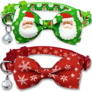 Pohshido Collar de gato navideño con pajarita y campana, paquete de 2 gatitos de invierno para niño y niña Pohshido Collar de gato navideño con pajarita y campana, paquete de 2 gatitos de invierno para niño y niña