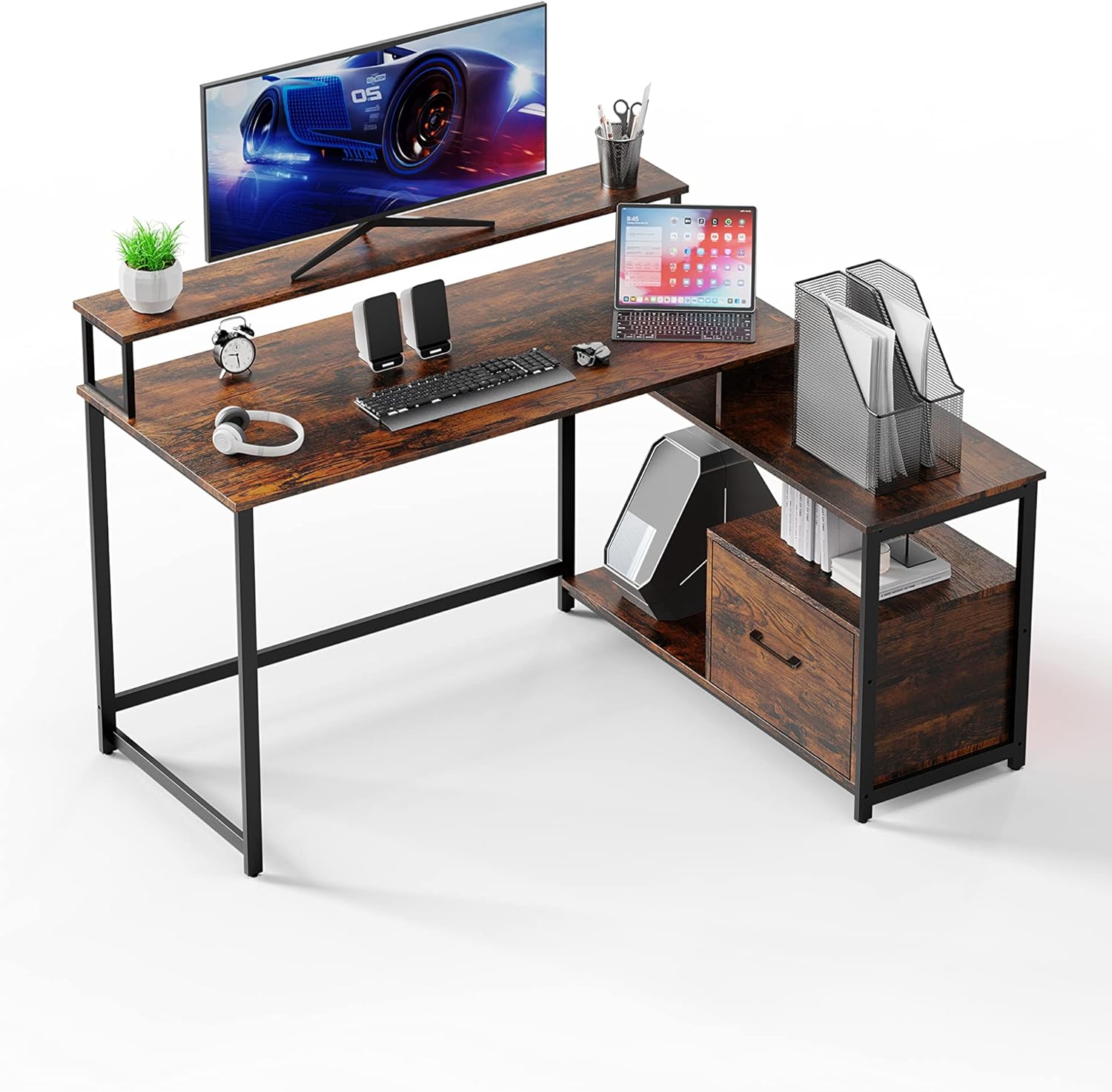Escritorio ergonómico moderno para computadora con cajón de archivos, escritorio de oficina en forma de L de estilo industrial simple para oficina