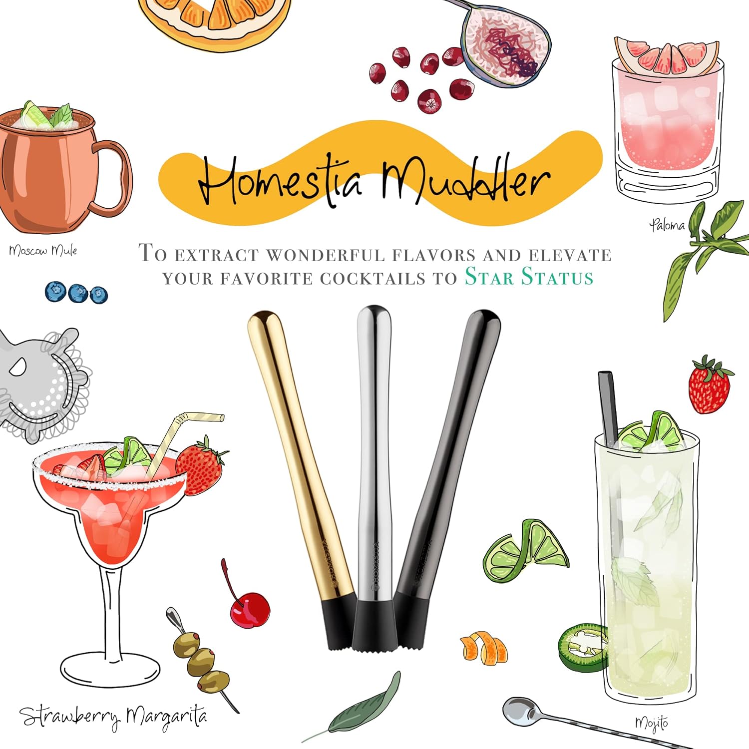 Homestia Muddler de acero inoxidable de 10 pulgadas para cócteles, triturador de bebidas para accesorios de bar en el hogar con receta trituradora