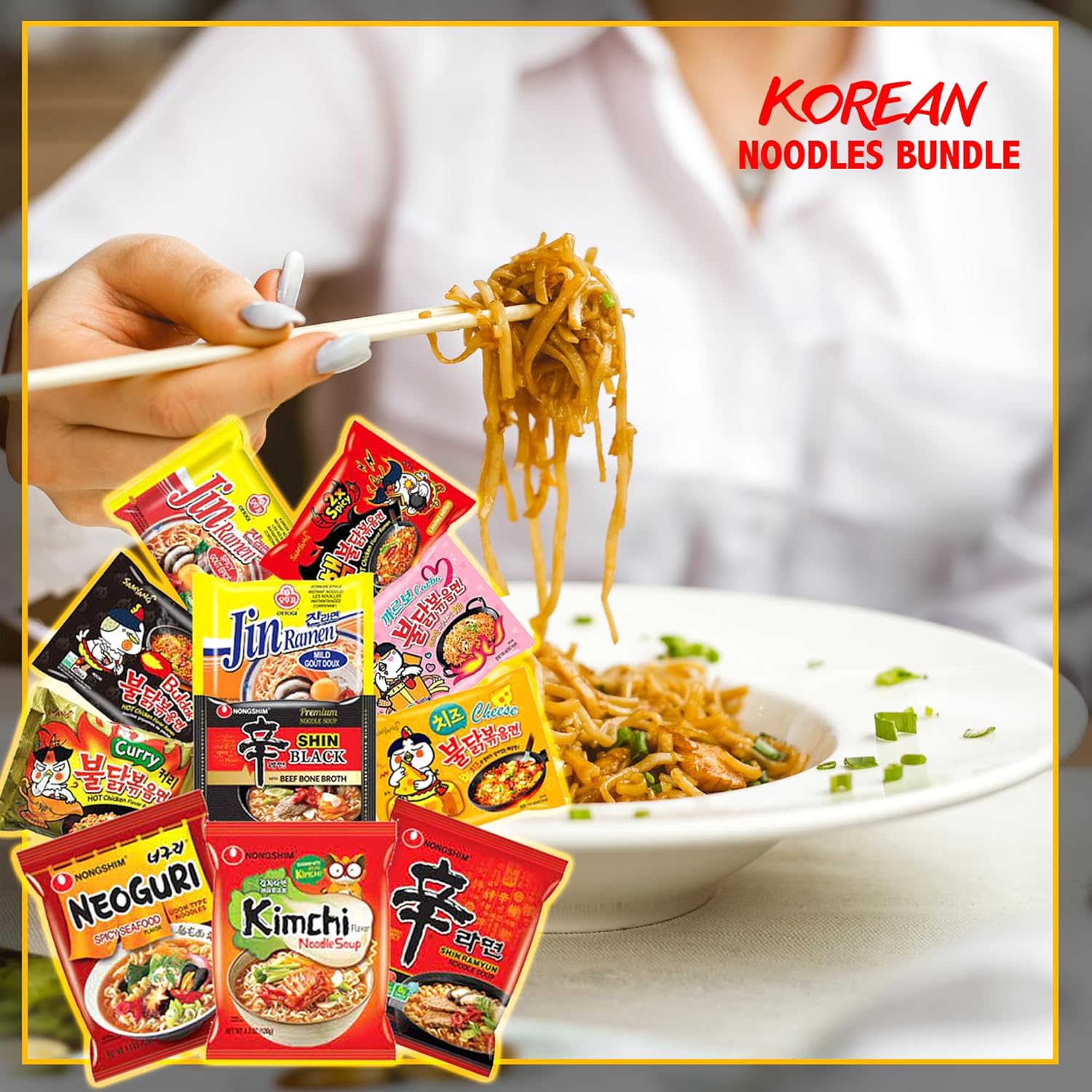 FOODIE BOXX Paquete variado de fideos ramen instantáneos coreanos con galletas y palillos (coreano)