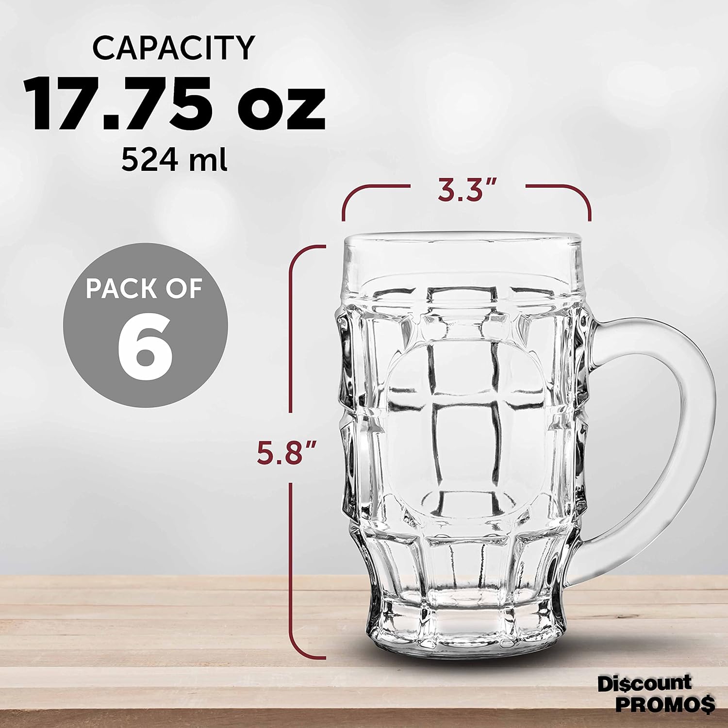 DISCOUNT PROMOS Juego de 6 tazas de cerveza de vidrio con hoyuelos de 17.75 pulgadas, paquete a granel, utensilios de bar, ideales para festivales