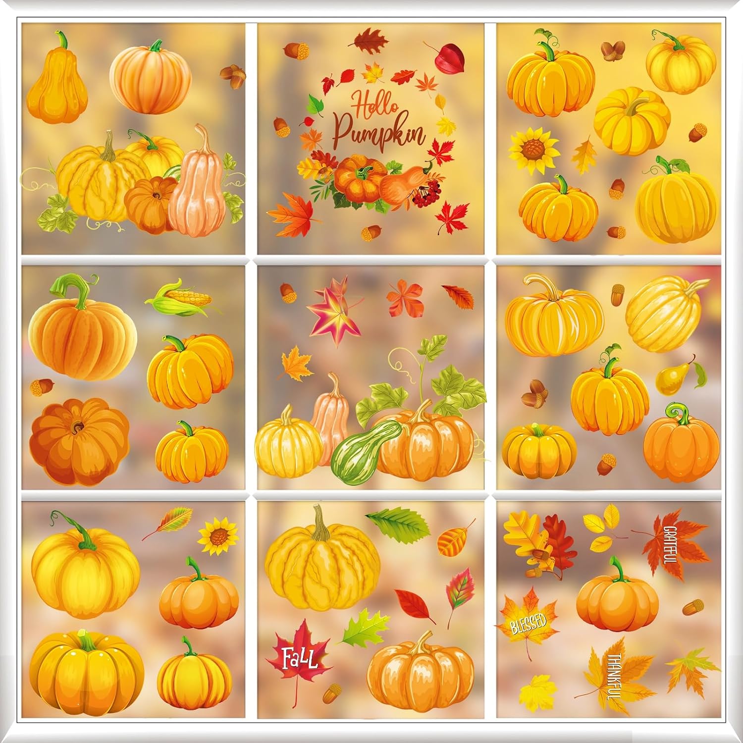 9 hojas de otoño para ventana, decoraciones de calabaza de Acción de Gracias, decoraciones de calabaza de Hello Pumpkin para otoño, cosecha, hogar,