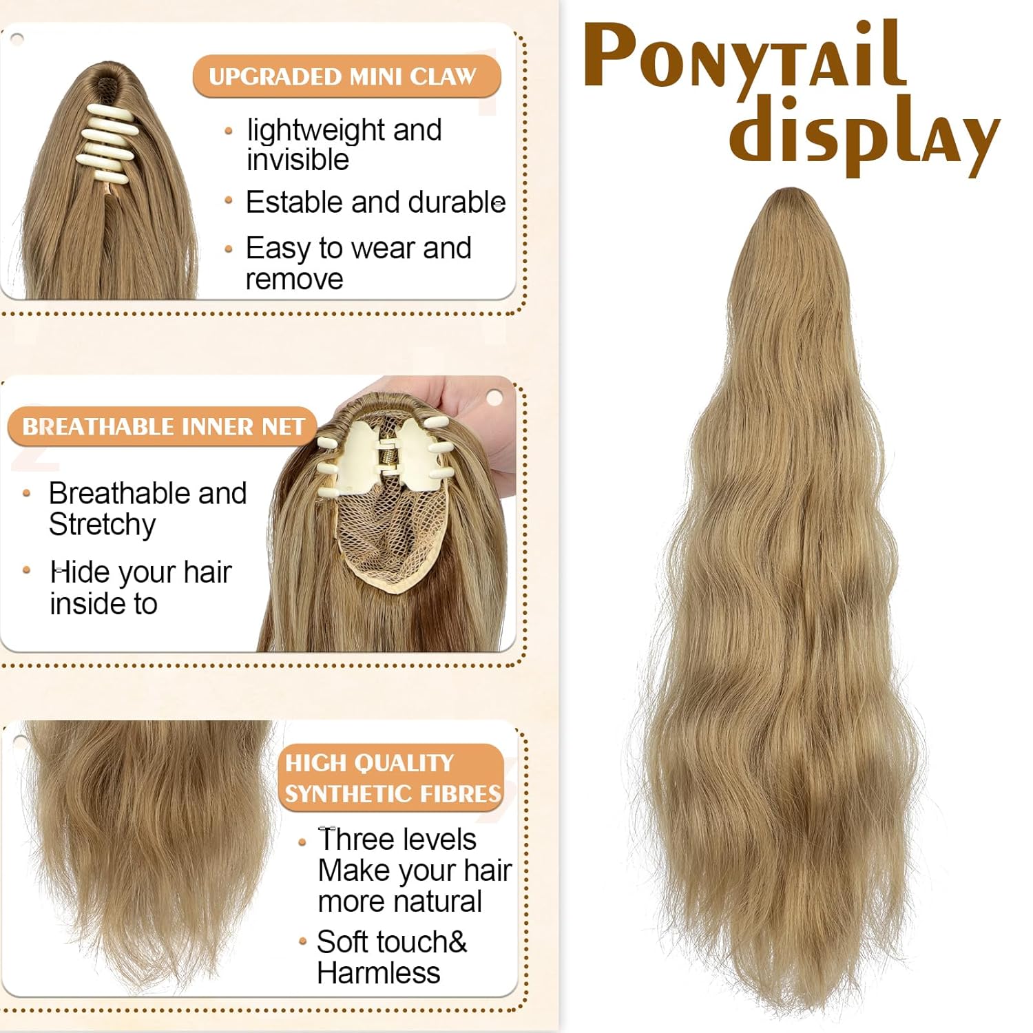 Extensión de cola de caballo de 22 pulgadas, extensiones de cola de caballo sintéticas de aspecto natural, extensiones de cabello sintético para