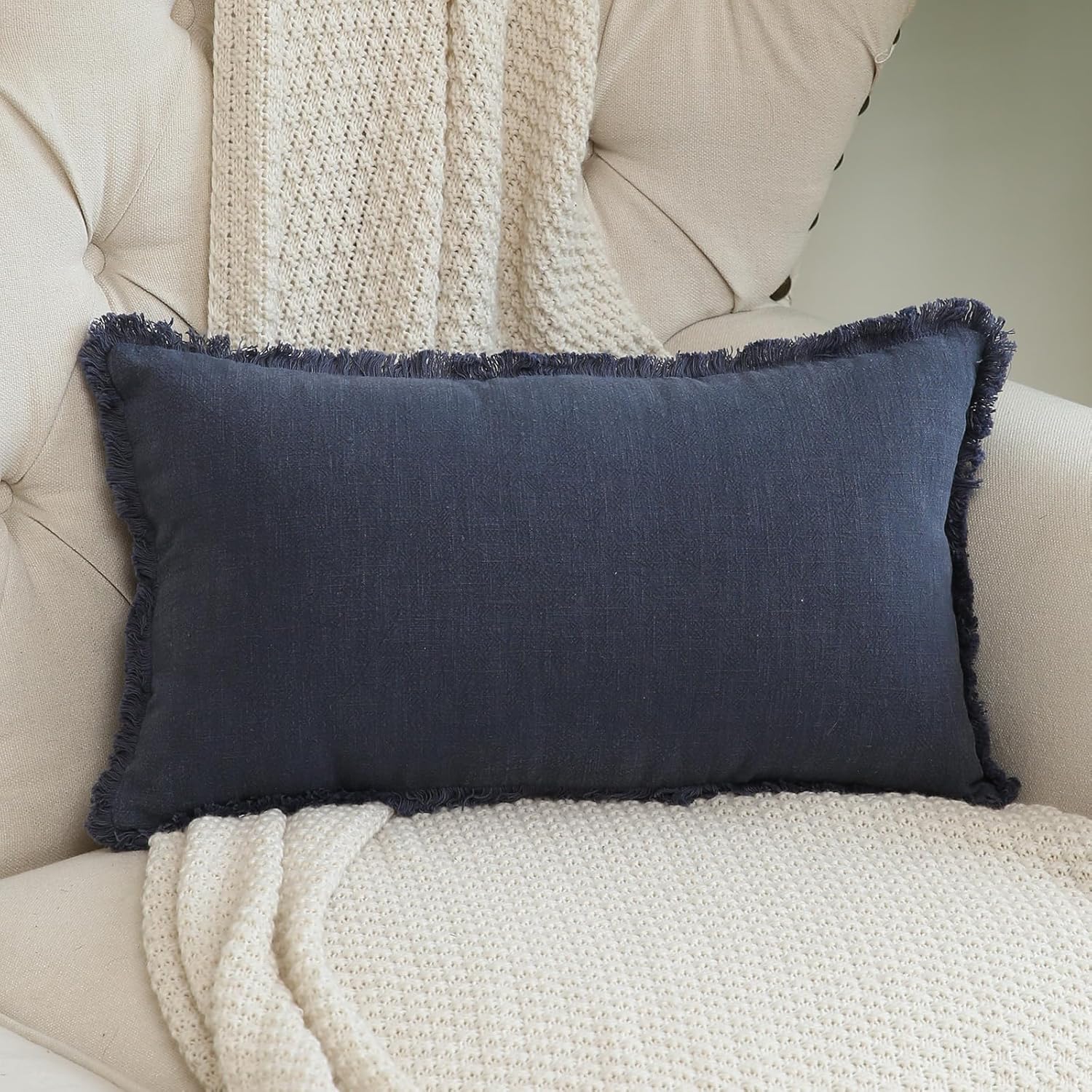 Hckot Funda de almohada de lino de 20 x 20 pulgadas, funda de almohada lumbar azul marino con borlas y flecos, cojines decorativos rústicos para