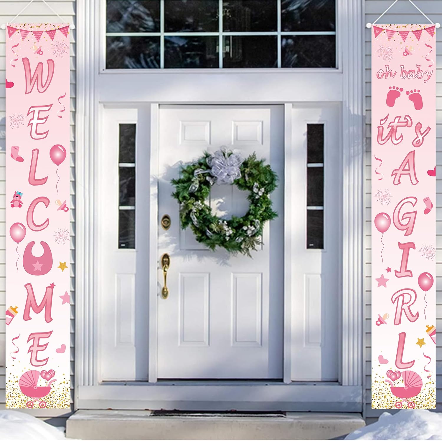 Cartel de bienvenida para baby shower con 70.8 x 11.8 pulgadas, cartel de bienvenida con texto en inglés “Welcome Oh Baby It’s a Girl”, cartel