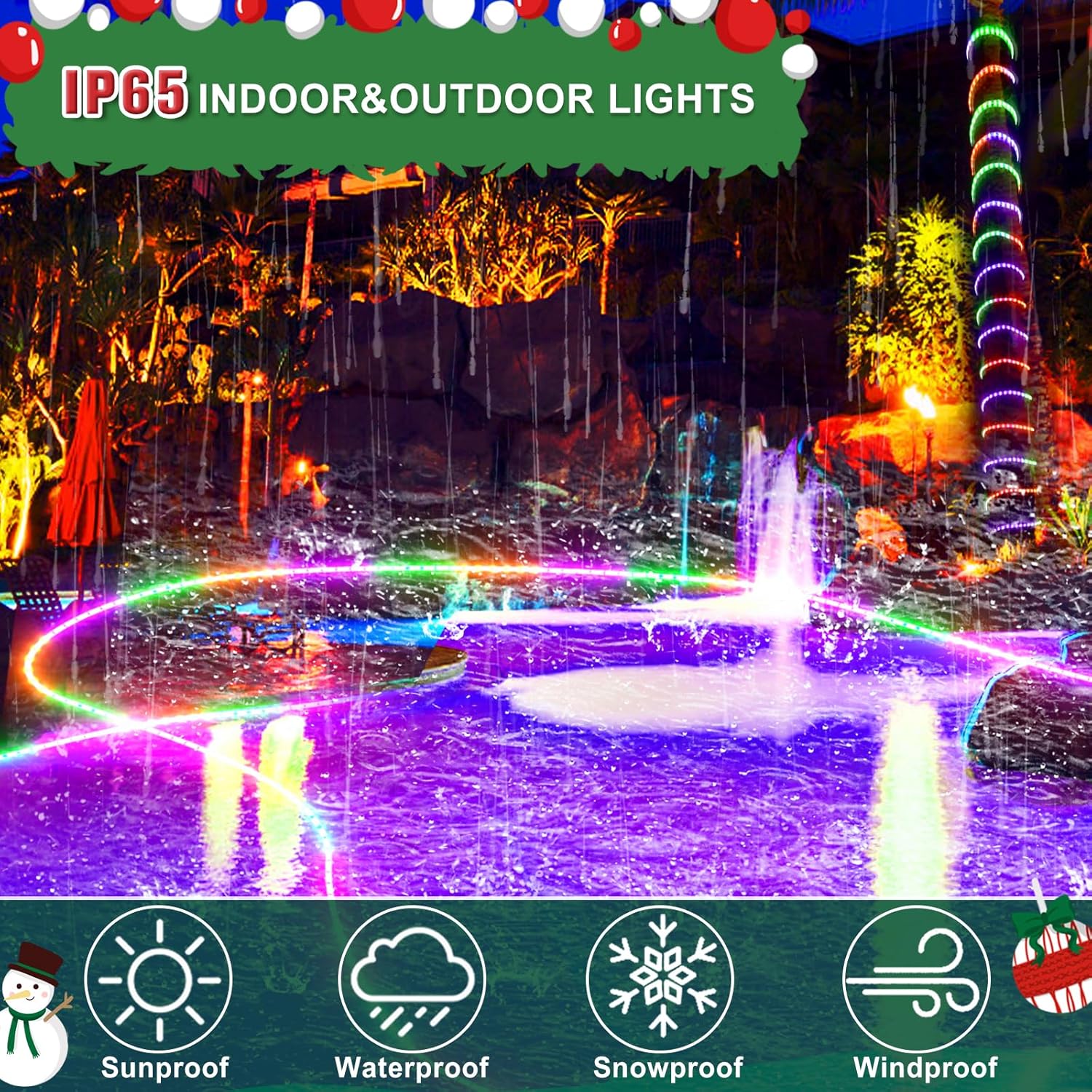 Cuerda de luces LED impermeables para exteriores, luces LED, luces de cadena de luces moradas, verdes y naranjas con 8 modos, función de memoria y
