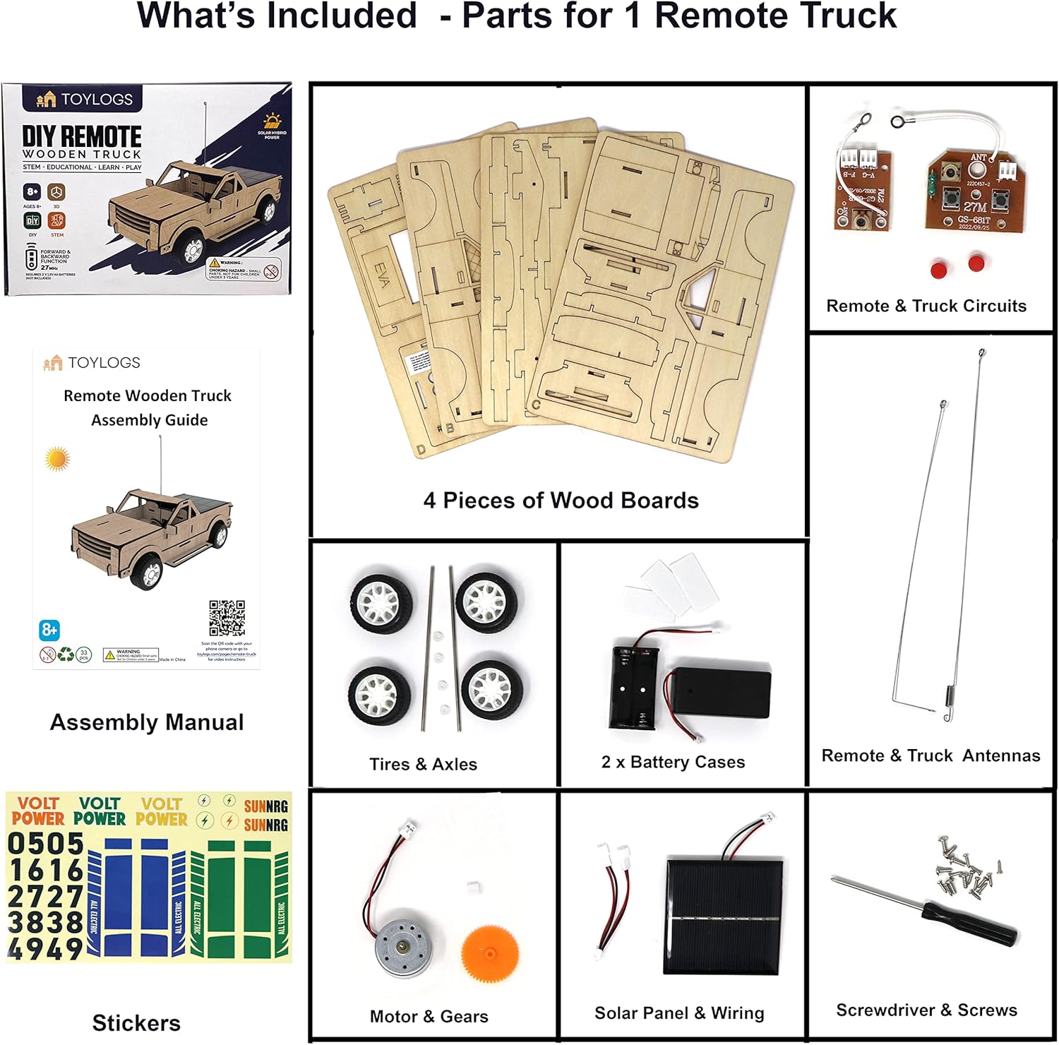 TOYLOGS Kit de modelo de coche de madera, juguete de rompecabezas 3D con control remoto, panel de energía solar, proyectos STEM para niños de 8 a 12