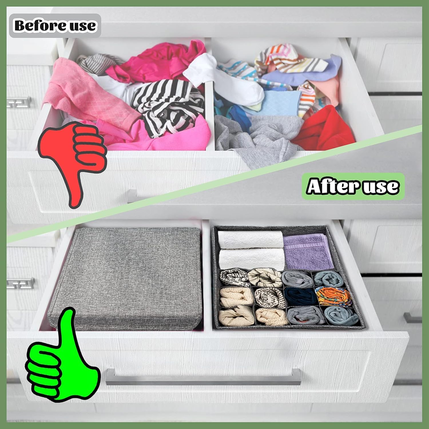 Paquete de 3 organizadores de ropa interior para armario, caja de almacenamiento con tapa, 13 celdas plegables a prueba de polvo de lino, divisores