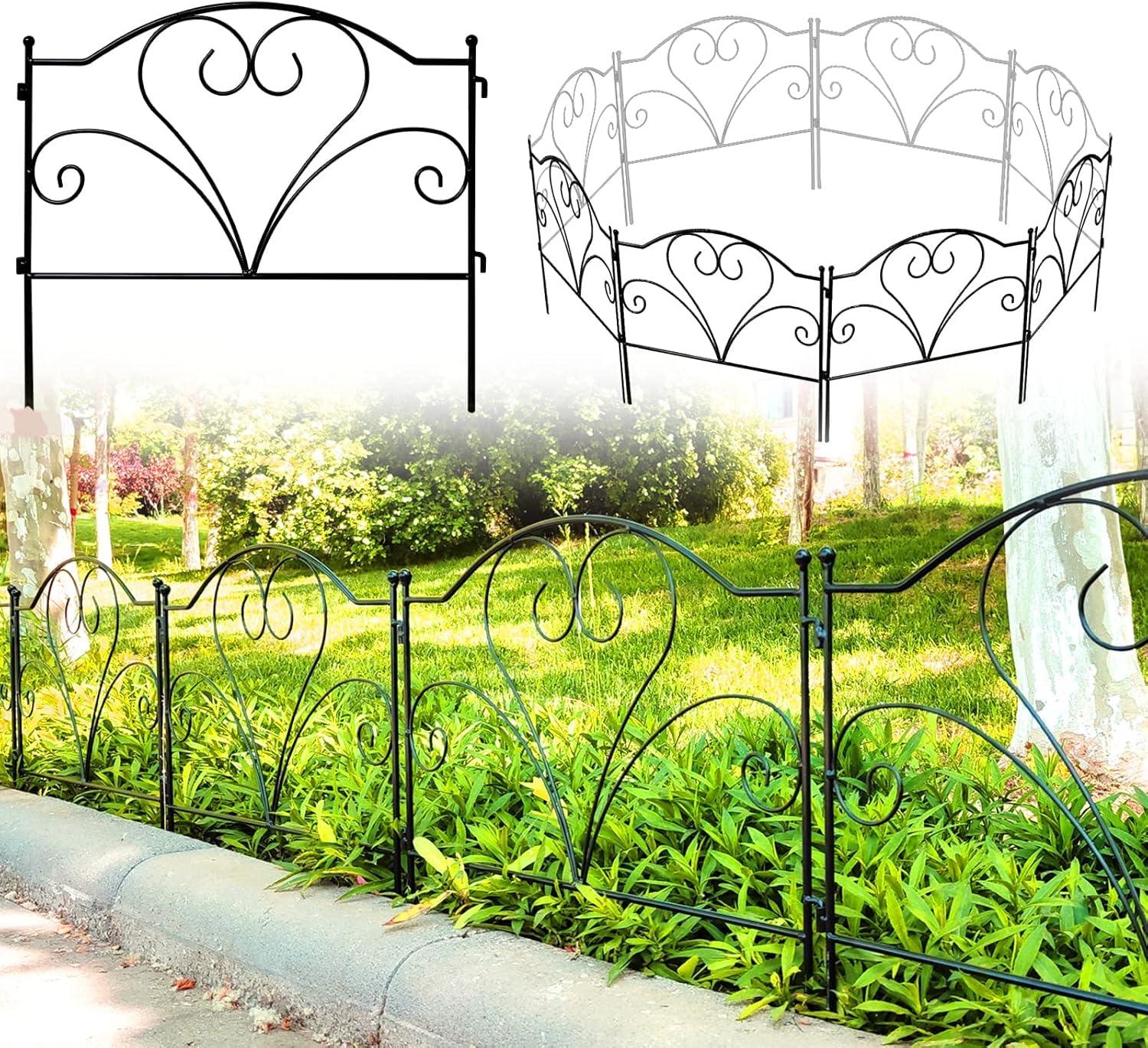 Valla decorativa de jardín de 18 pulgadas de alto x 20 pulgadas de ancho (5 paneles, longitud total de 8.2 pies) sin excavación, valla de metal a
