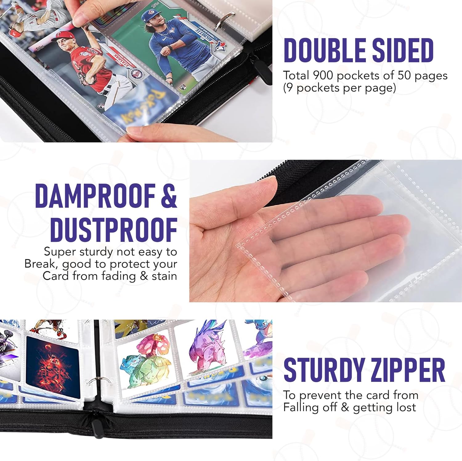 Carpeta de tarjetas coleccionables con mangas, carpeta de tarjetas de béisbol de 9 bolsillos, se adapta a 900 tarjetas con 50 fundas, álbumes de