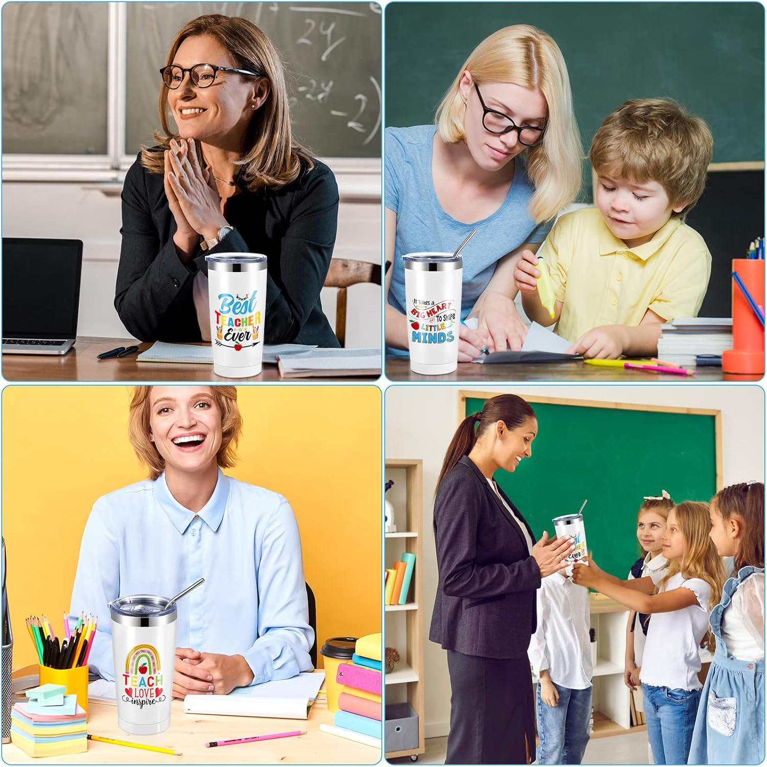 Rtteri Vaso de acero inoxidable de 20 onzas con tapas y cepillos para pajitas, regalo de agradecimiento para profesores, 4 piezas, para graduación,