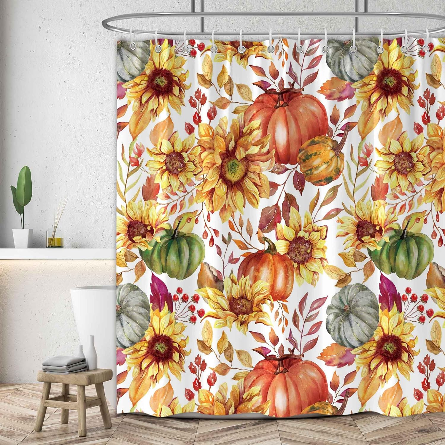 Juego de cortinas de ducha de 72 x 72 pulgadas con diseño de calabazas, estilo bohemio, retro, acuarela, girasol, para otoño, cosecha, granja, baño,