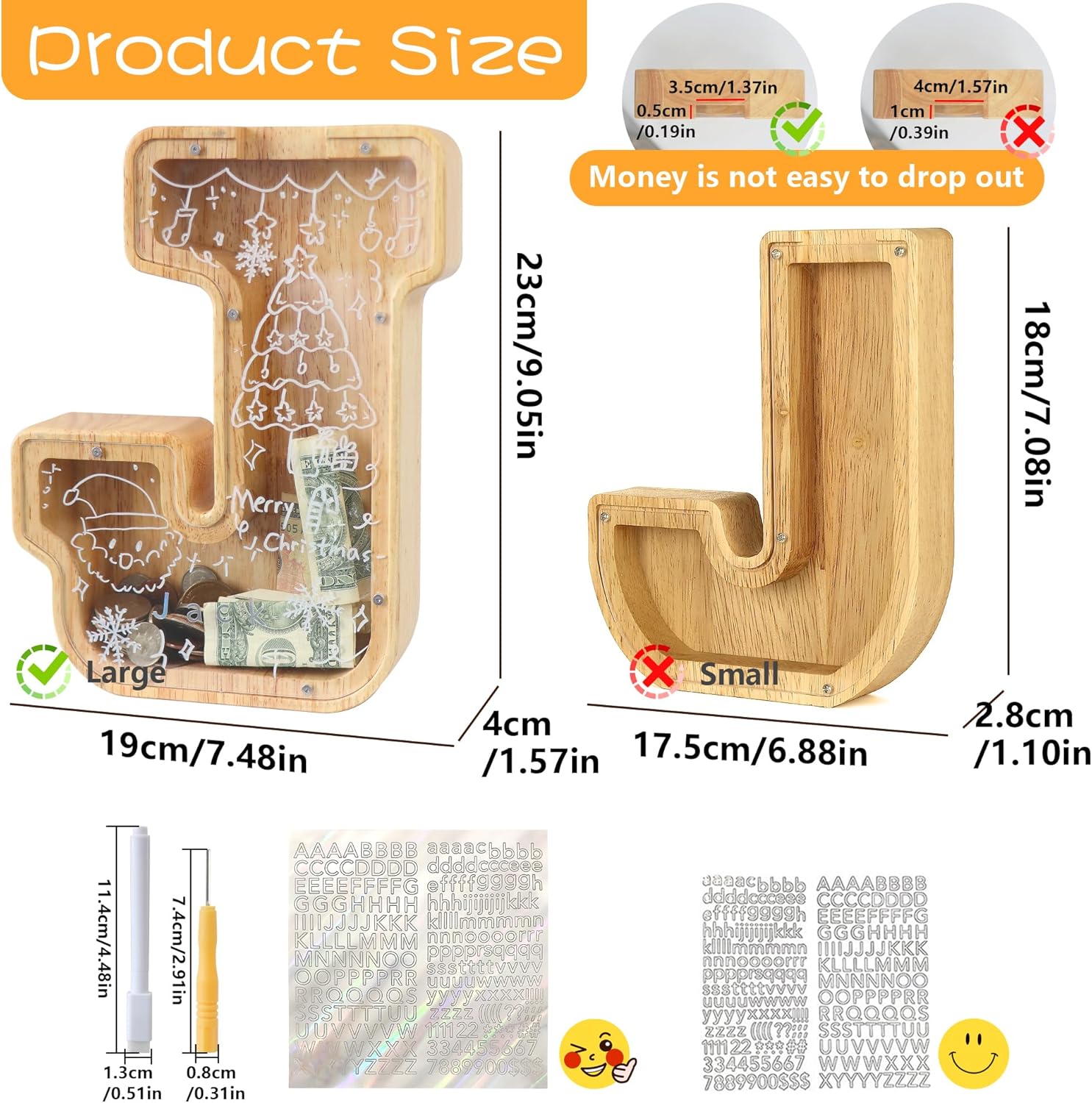 Alcancía de madera grande con letras para niños y niñas, alcancías personalizadas de madera de la A a la Z con área objetivo, billetes del alfabeto
