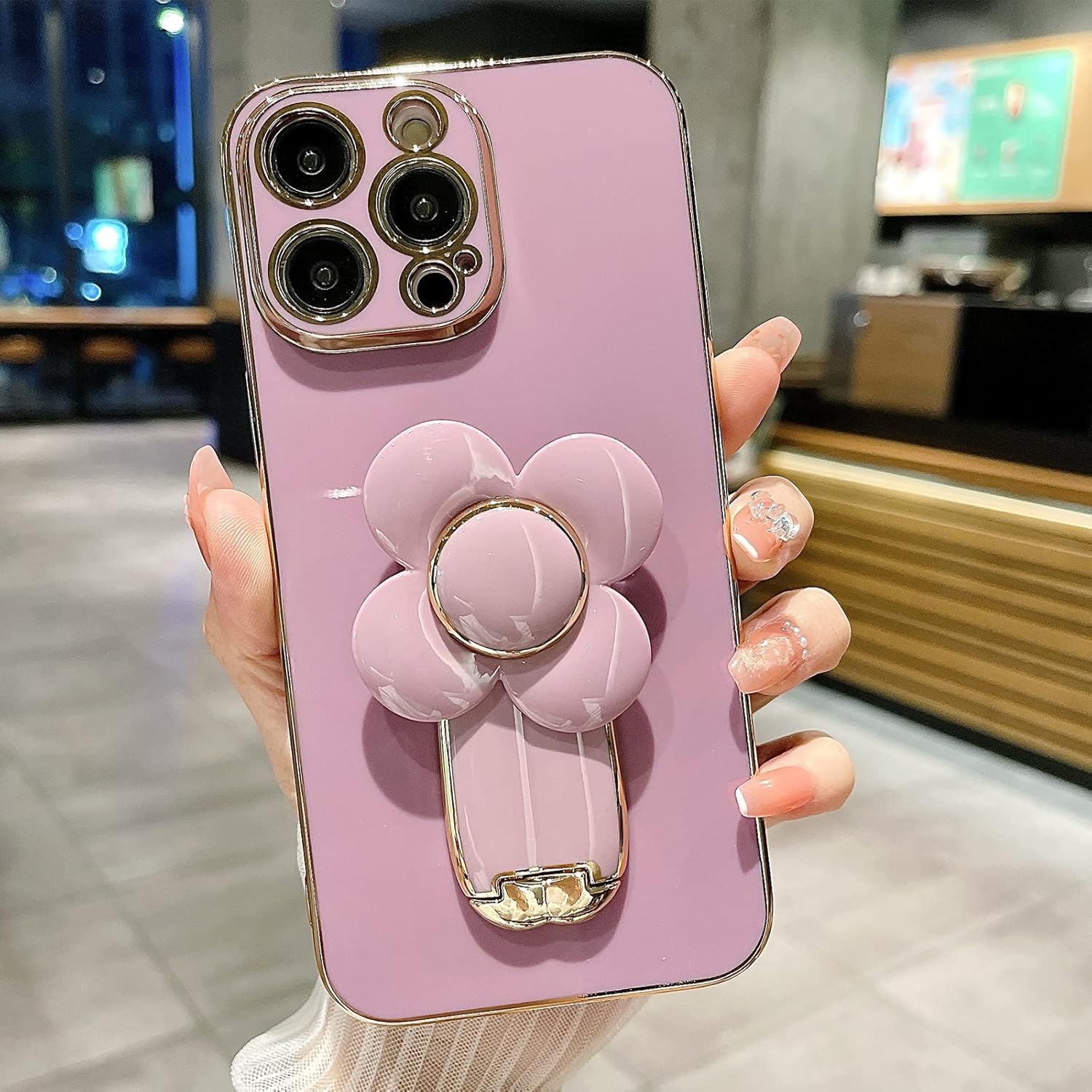 aowner Funda para iPhone 11 Pro Max, cubierta de lujo con soporte oculto, lindo molino de viento giratorio con diseño de flores para mujeres y niñas