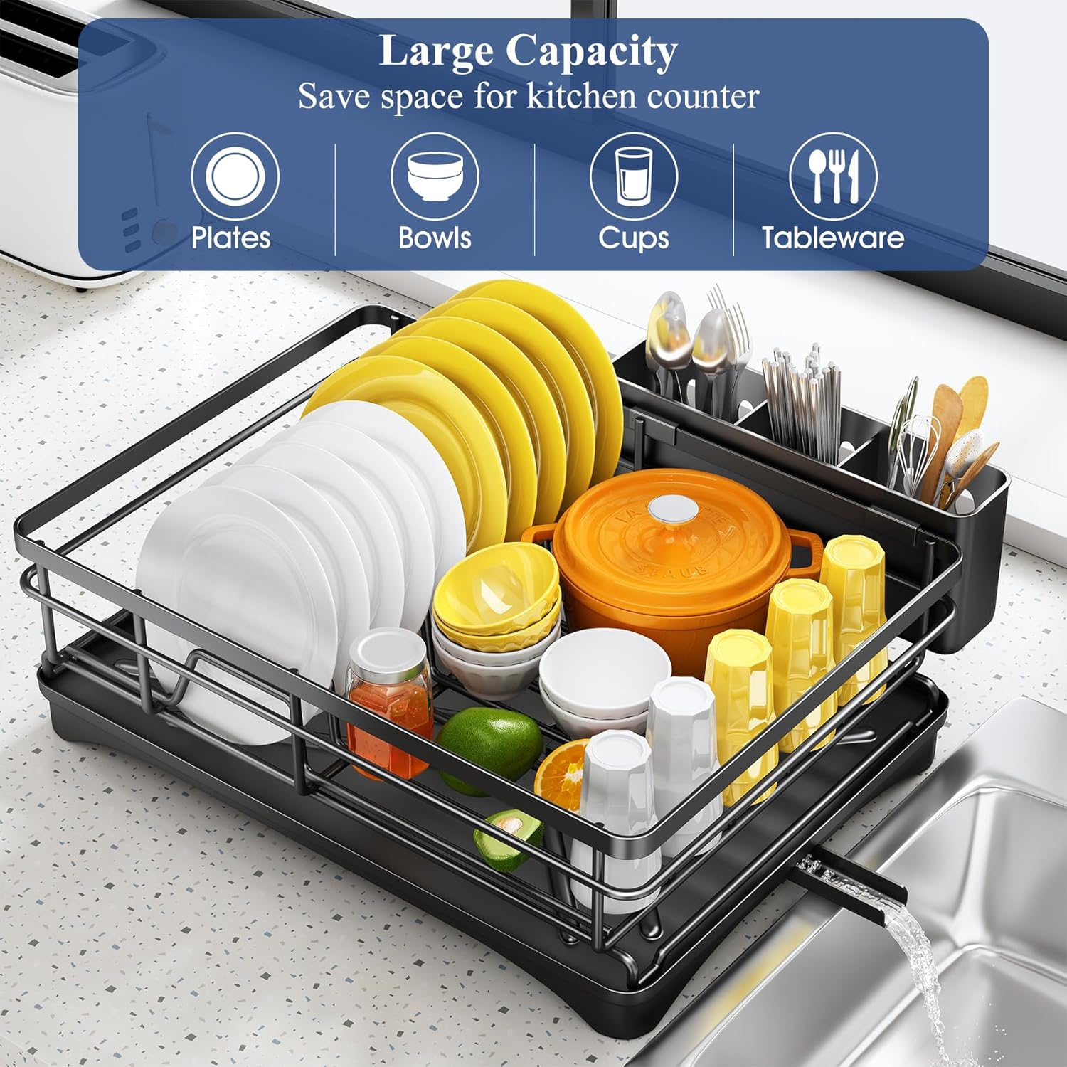 Escurridor de platos para encimera de cocina, escurridor grande con escurridor, escurridor de platos inoxidable con soporte para utensilios para