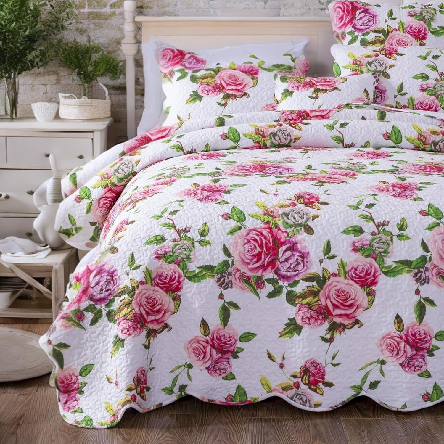 DaDalogy Bedding – Juego de cama floral de 14 piezas en una bolsa, diseño de rosas románticas, juego de sábanas bajeras y encimeras con funda de