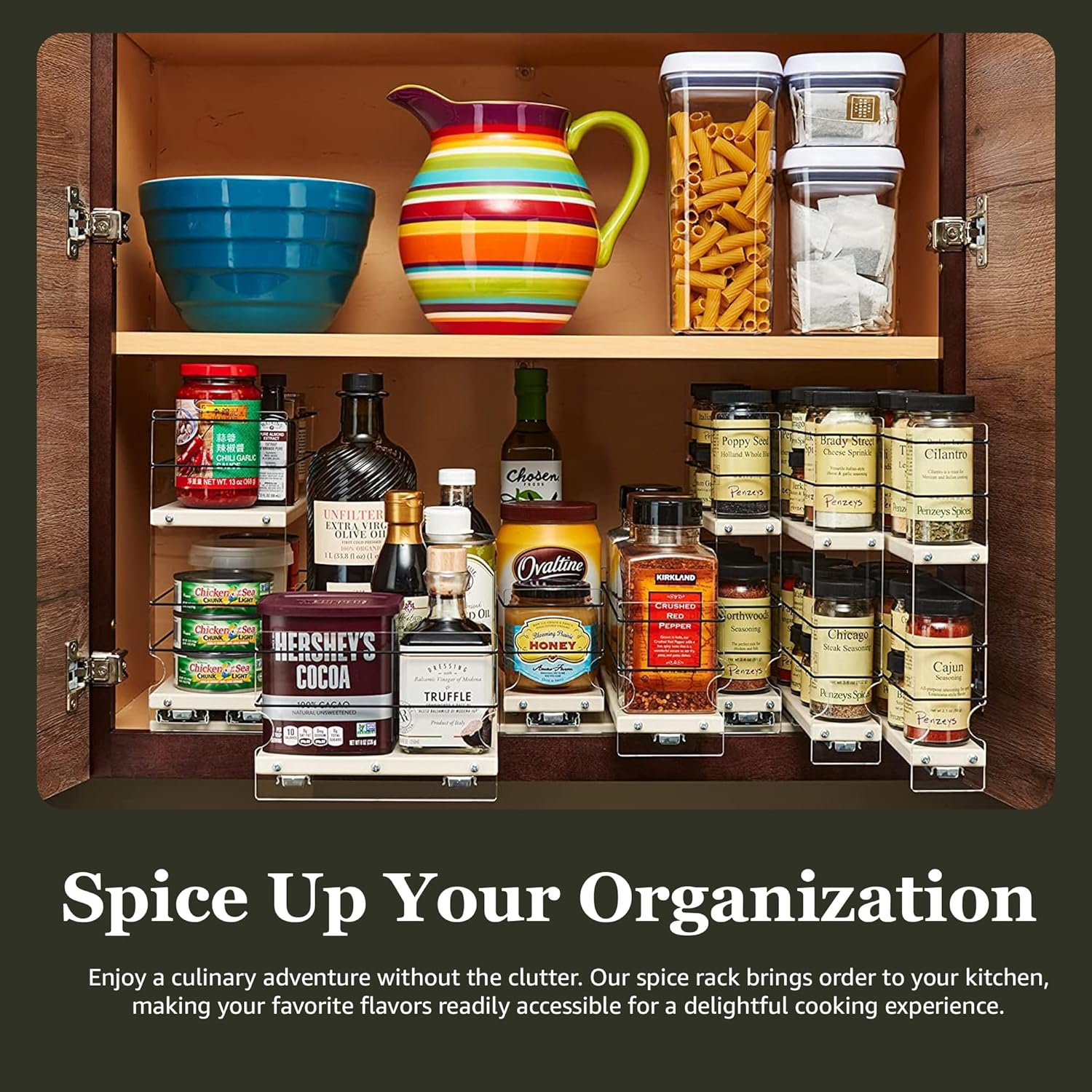 Vertical Spice – Organizador de especias montado en gabinete – 3 cajones, capacidad 30 – Organizador de gabinete deslizante – Estantes extraíbles