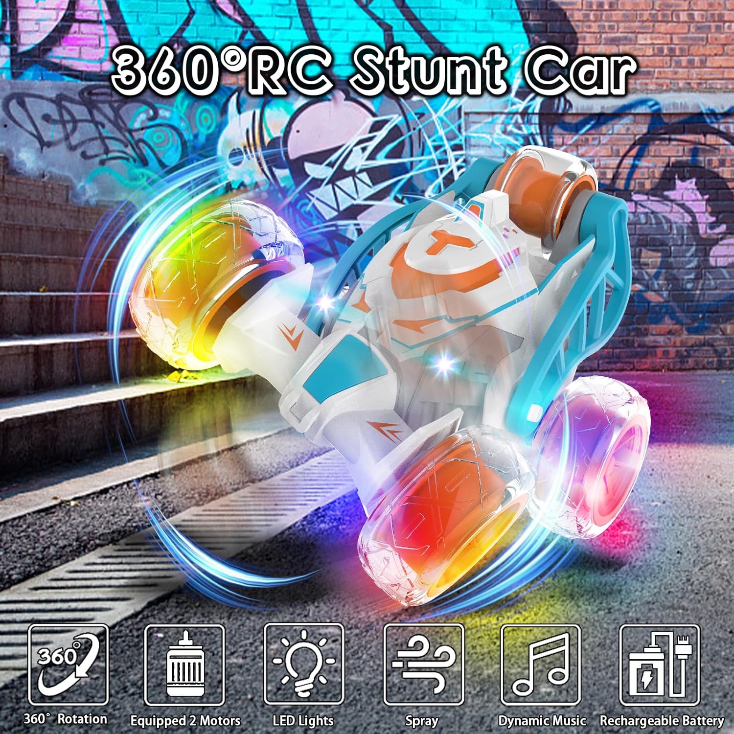 YUAN PLAN Coche de control remoto para niños, auto de acrobacias RC giratorio de 360 , mini auto RC 2.4GHz 4WD de carreras con luces coloridas e