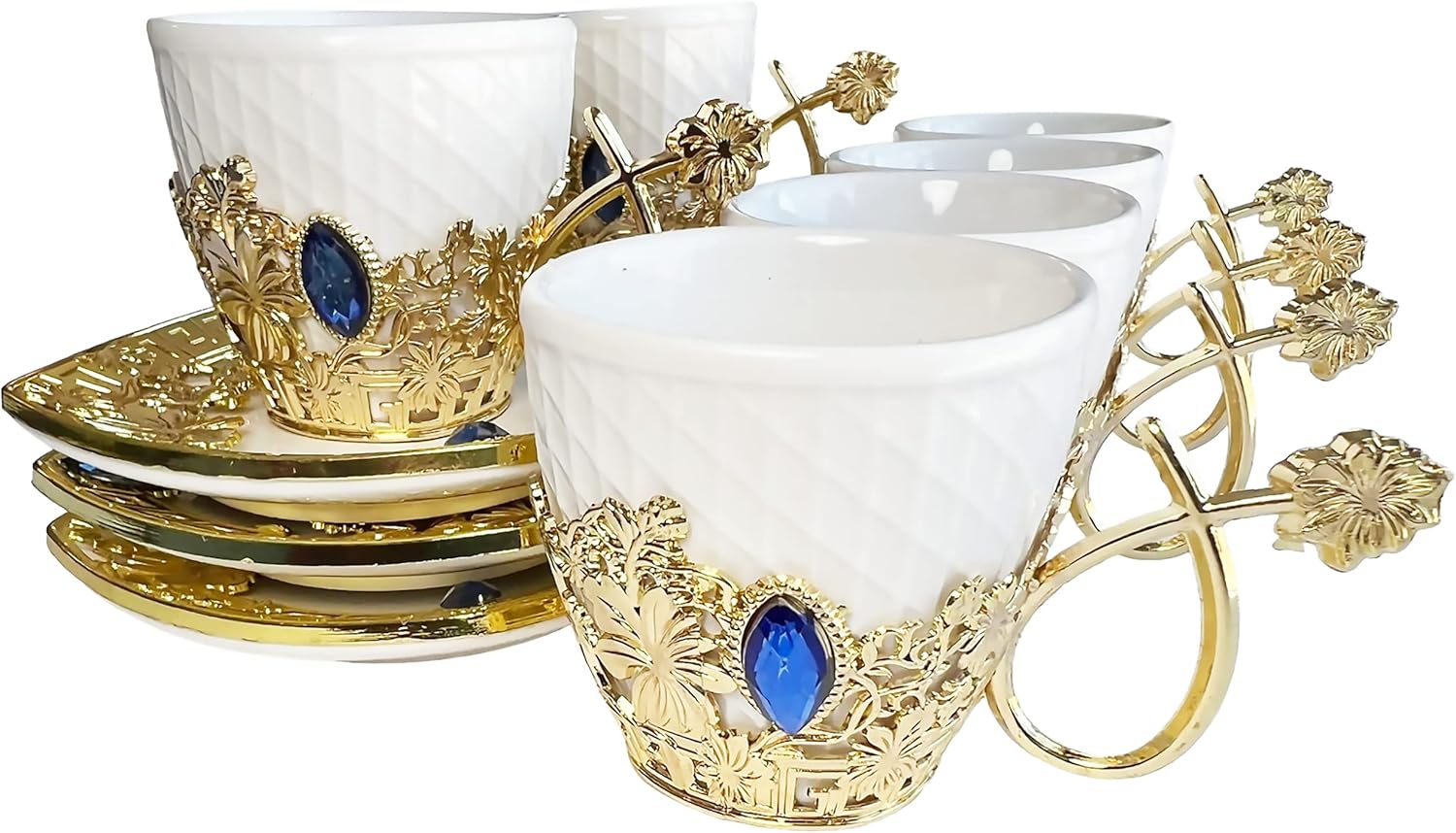 Chandler Juego de café turco expreso, taza de café griego árabe y platillo de 3 onzas líquidas con caja de regalo acrílica dorada, colección de 7