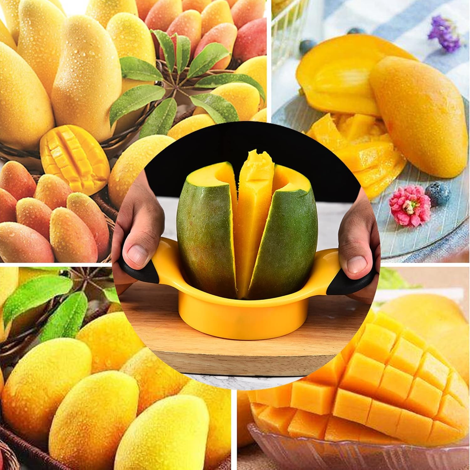 Cortador de mango resistente, pelador y herramienta removedor de hoyos, divisor de mango, cortador de frutas, divisor de mango con mango ergonómico