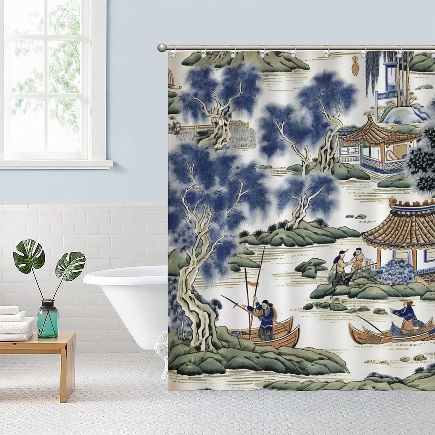 Cortina de ducha azul y verde chinoiserie de pinos chinos, tela de pabellón chino, forro de cortina de ducha impermeable para decoración de bañeras