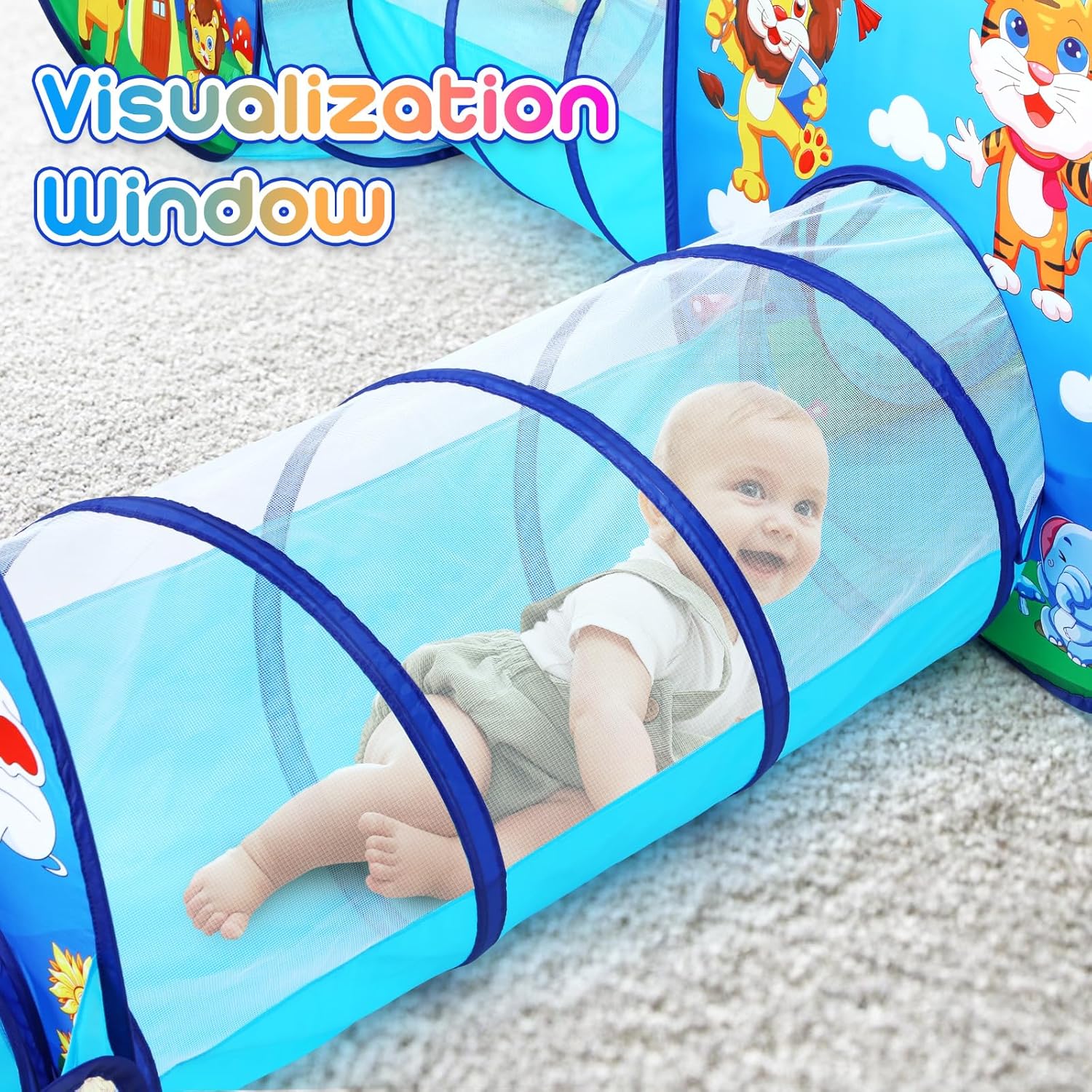 Tienda de campaña de juego para niños pequeños de 5 piezas con 1 hoyo de pelotas de bebé, 2 túneles de gateo para bebés, 2 tiendas de campaña