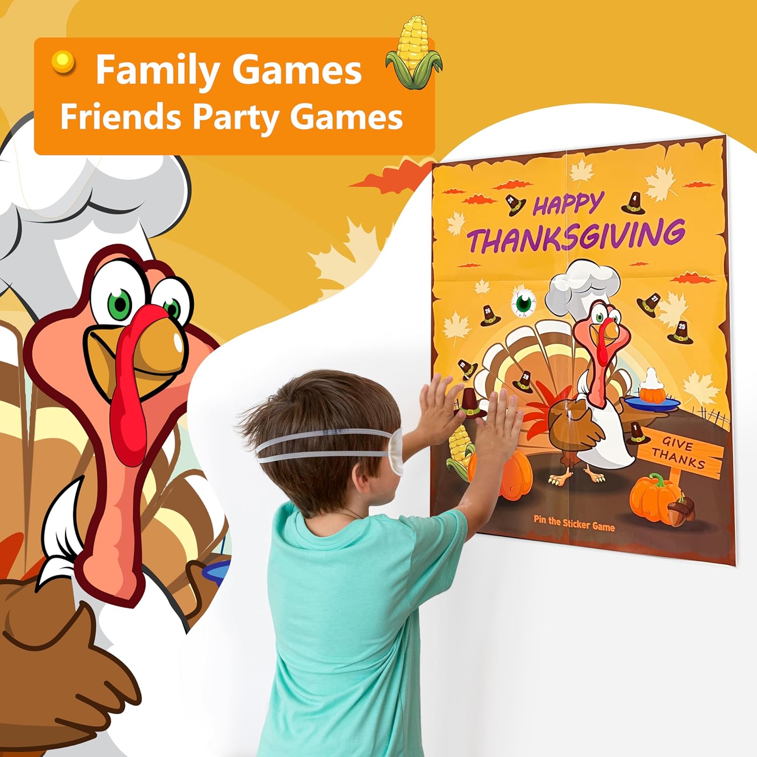 Juegos de Acción de Gracias para niños familiares, Pin The Tail on the Turkey Stickers Juegos para niños, actividades de decoración de fiesta de