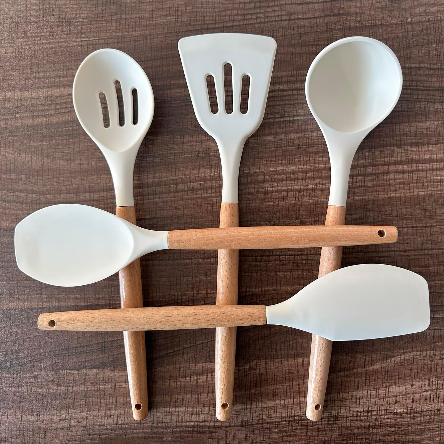 IOCBYHZ Juego de 5 utensilios de cocina de silicona, juego de utensilios de cocina con mango de madera resistente al calor, antiadherente, espátula