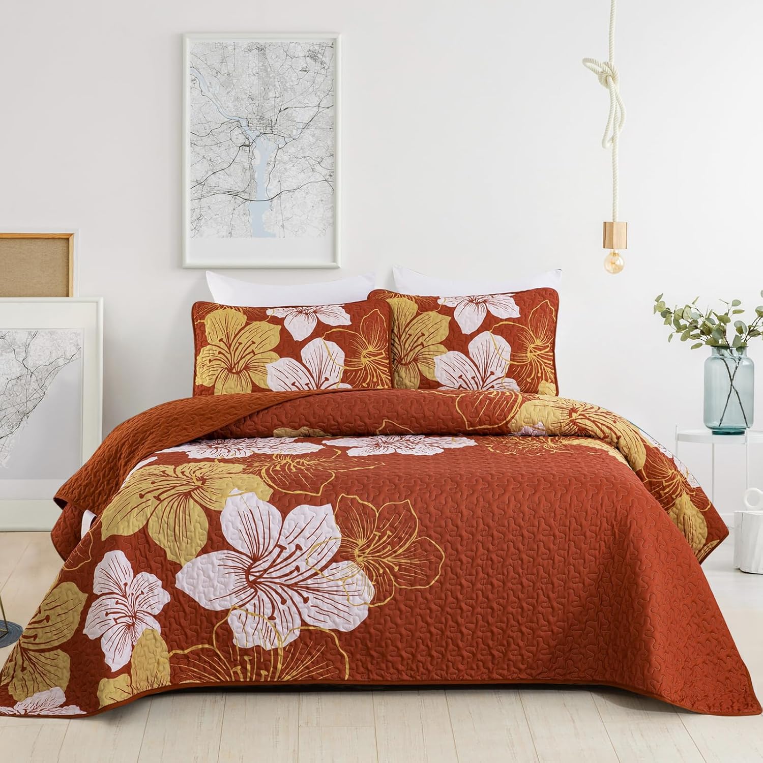 DJY Juego de edredón de terracota tamaño Queen, juego de edredón con patrón floral dorado, colcha floral bohemia con 2 fundas de almohada, elegante