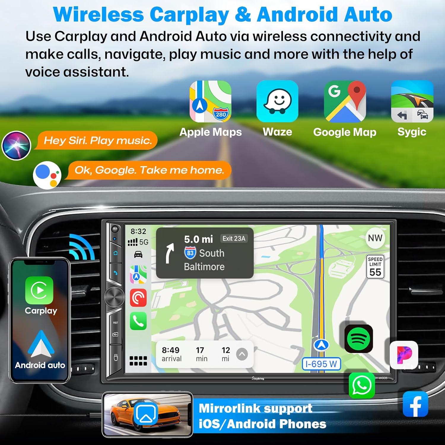 Actualización inalámbrica Radio de coche doble DIN con Apple CarPlay inalámbrico y Android Auto, Bluetooth, enlace de espejo de teléfono, pantalla