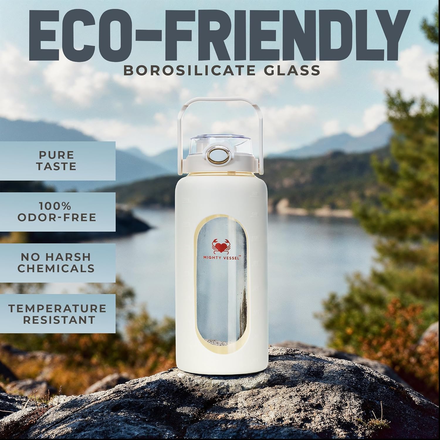 Botella de agua de vidrio de 64 onzas  Botella de agua blanca con popote y marcador de tiempo  Botella de agua de medio galón con medidas y funda de