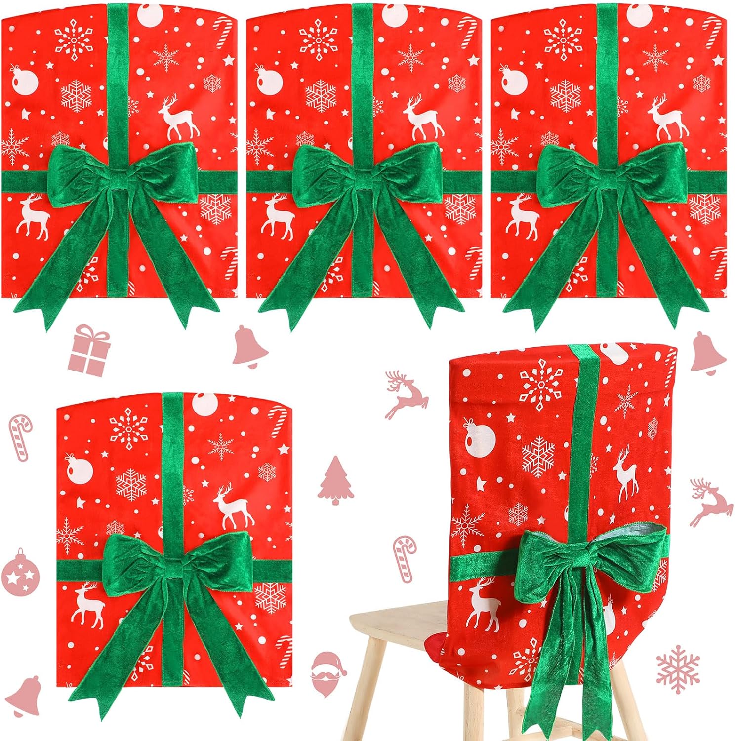 Buryeah Juego de 4 fundas para sillas de comedor de Navidad, fundas para sillas de comedor, extraíbles y lavables, diseño de arco de copo de nieve,