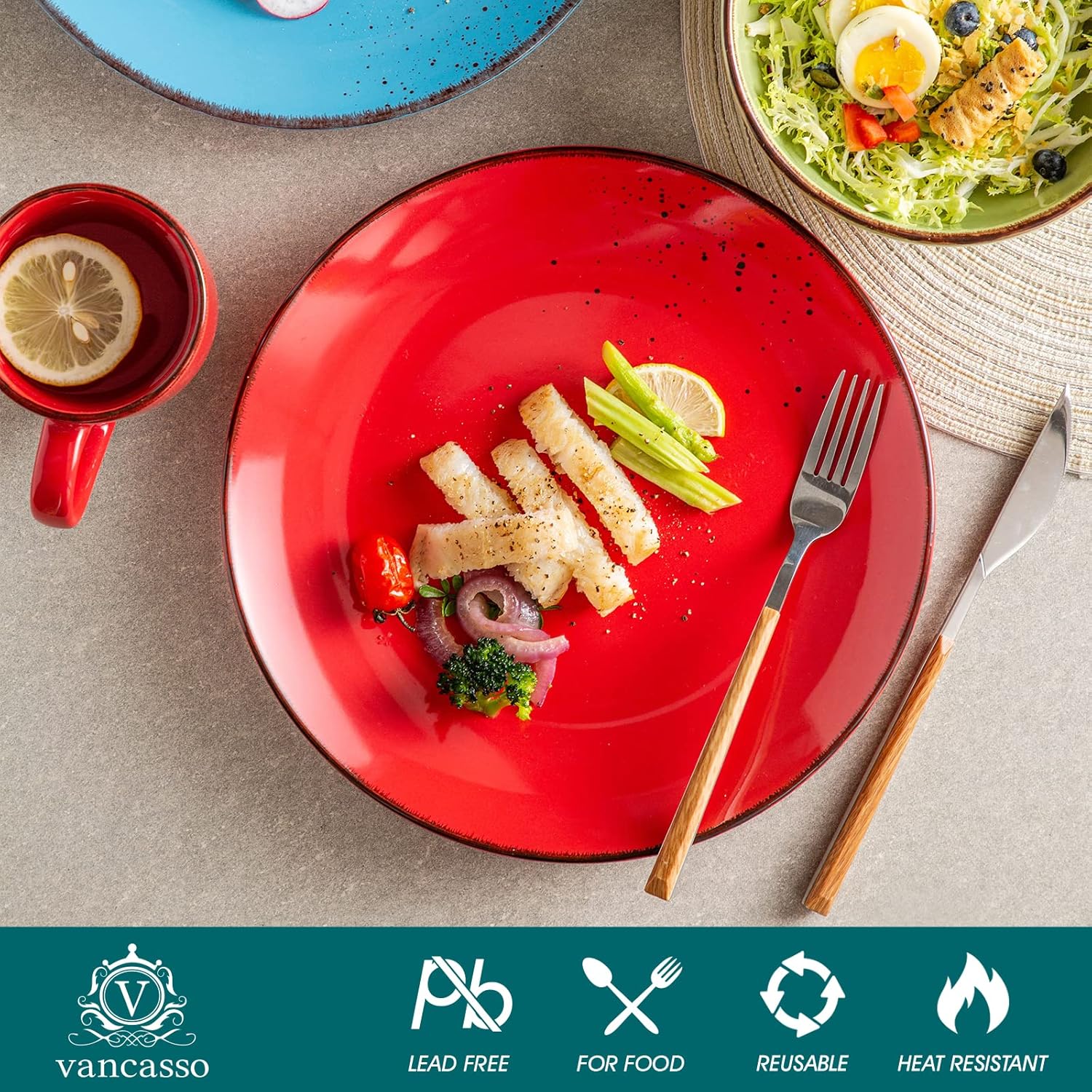 vancasso Navia – Juego de vajilla de cerámica, 32 piezas, platos de servicio con patrón de puntos de gres con platos llanos, platos de ensalada,