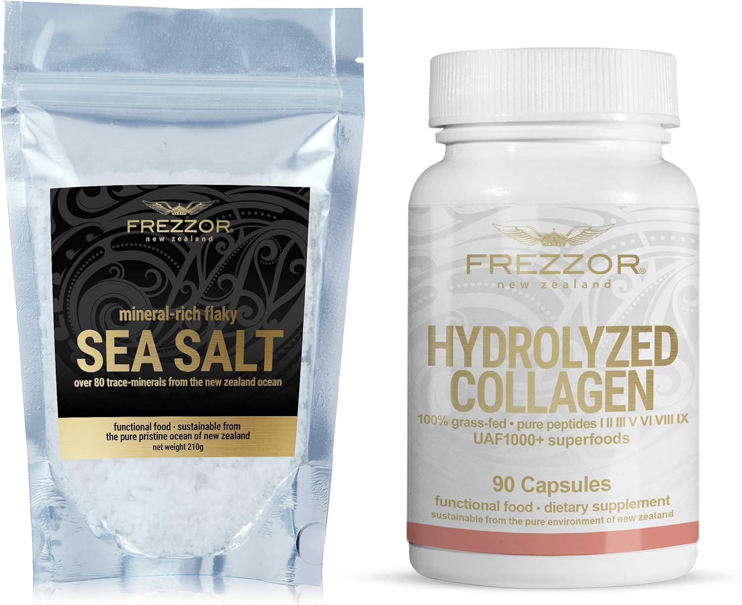 FREZZOR Paquete combinado de sal marina escamosa rica en minerales con colágeno hidrolizado FREZZOR fabricado en Nueva Zelanda, copos Kosher,