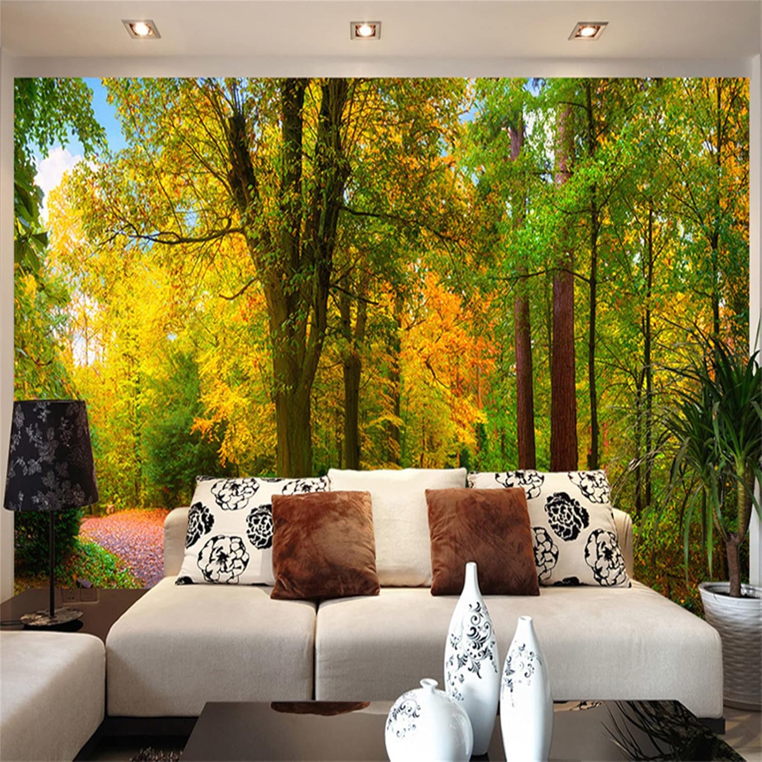 Mural de pared grandes de paisaje de hojas de otoño, papel pintado de árboles de camino del bosque, calcomanías de pared, resistentes al desgarro,