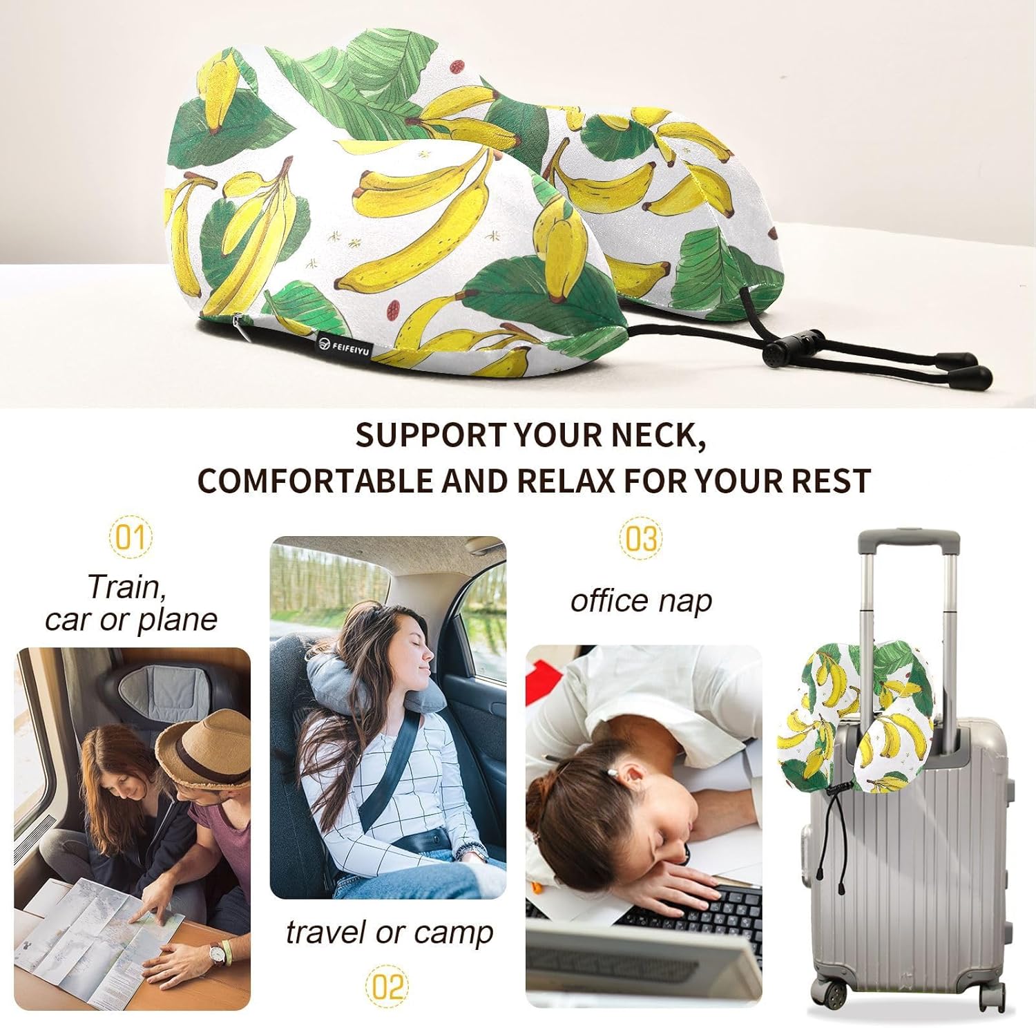 Almohada de viaje Almohada de cuello de fruta de plátano para cama de viaje, almohada de espuma viscoelástica en forma de U para el cuello 214a4489