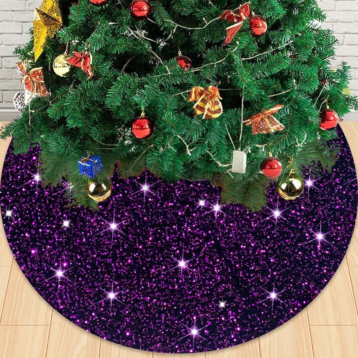 Falda de árbol de Navidad grande de 46 pulgadas, falda de árbol de Navidad con purpurina, falda de base de árbol de secuencia púrpura oscuro, falda