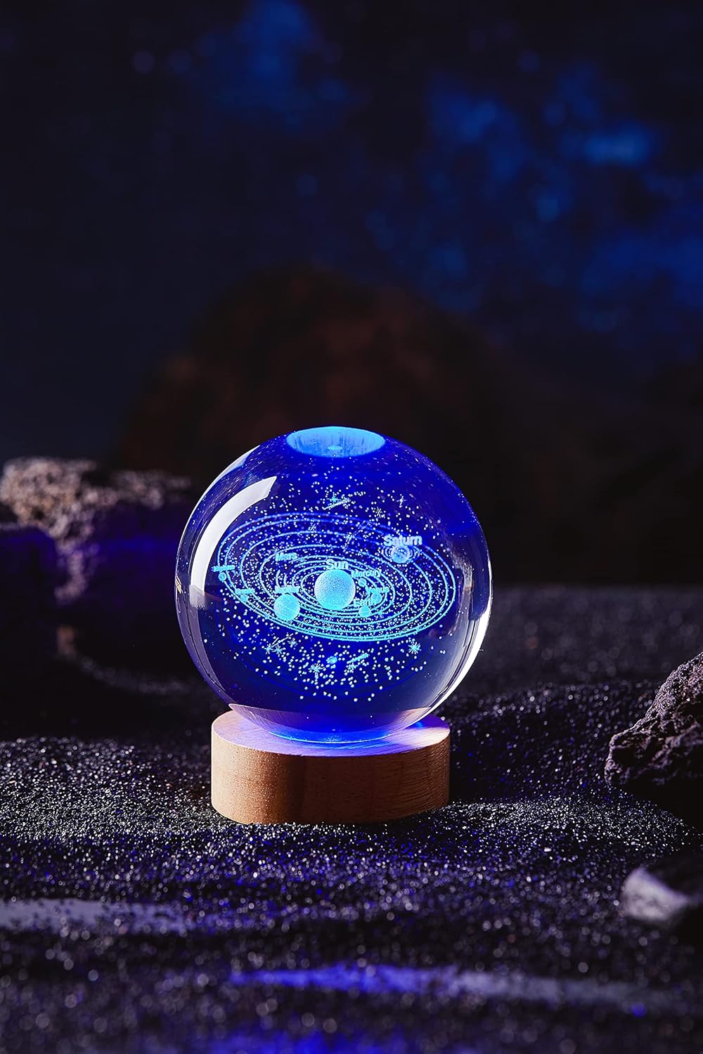 Lámpara de bola de cristal del sistema solar 3D, luz nocturna de bola de cristal K9 de 3.15 pulgadas con base de madera, 16 colores cambiantes con