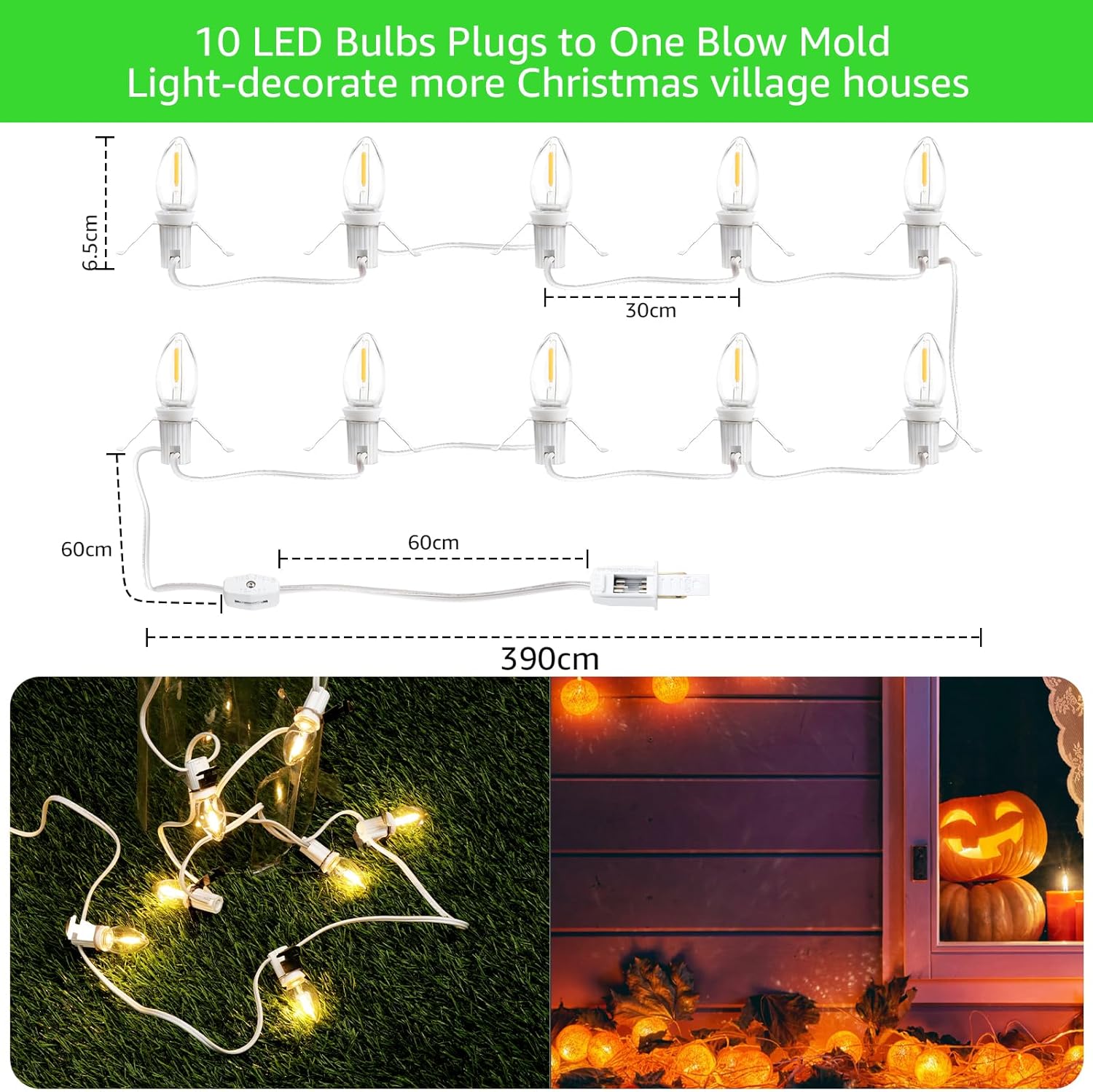 Luces de pueblo de Navidad con 10 bombillas LED de color blanco cálido, decoración para casas de pueblo de Navidad, cable de luz C7