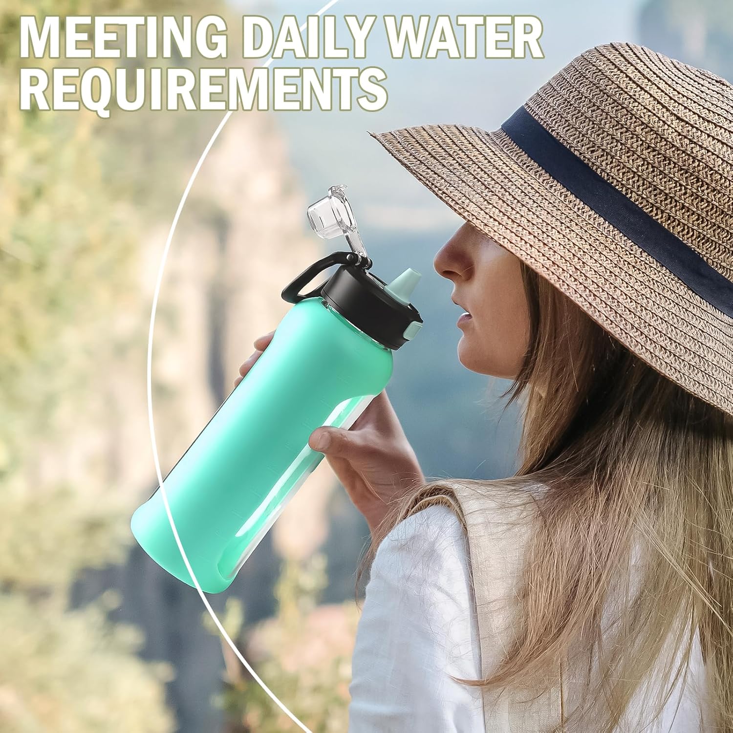 BLUEGO Botella de agua de vidrio de 32 onzas con pajilla, botellas de agua motivacionales con marcador de tiempo y funda de silicona, botella de