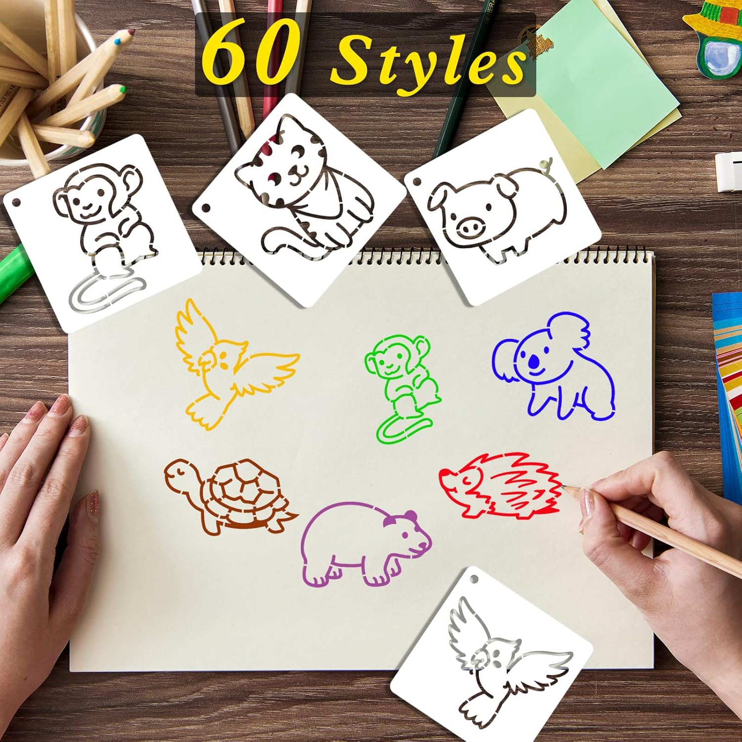 60 plantillas de pintura de animales lindos, plantillas de dibujo impermeables para bricolaje, tela de lona, decoración de pared, juego de arte,