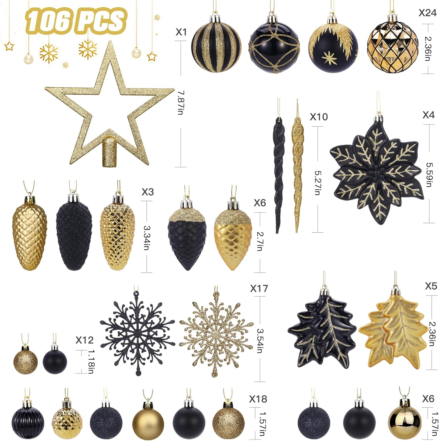 SHareconn Juego de 106 bolas de Navidad, bolas decorativas de plástico inastillables para decoración de árbol de Navidad, decoración de vacaciones,