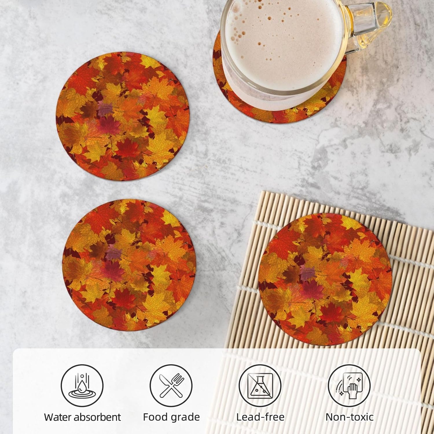 Juego de 4 posavasos de cerámica absorbentes con hojas de arce para otoño y otoño, para mesa de café, bar, cerveza, escritorio, mesa, hogar, otoño,